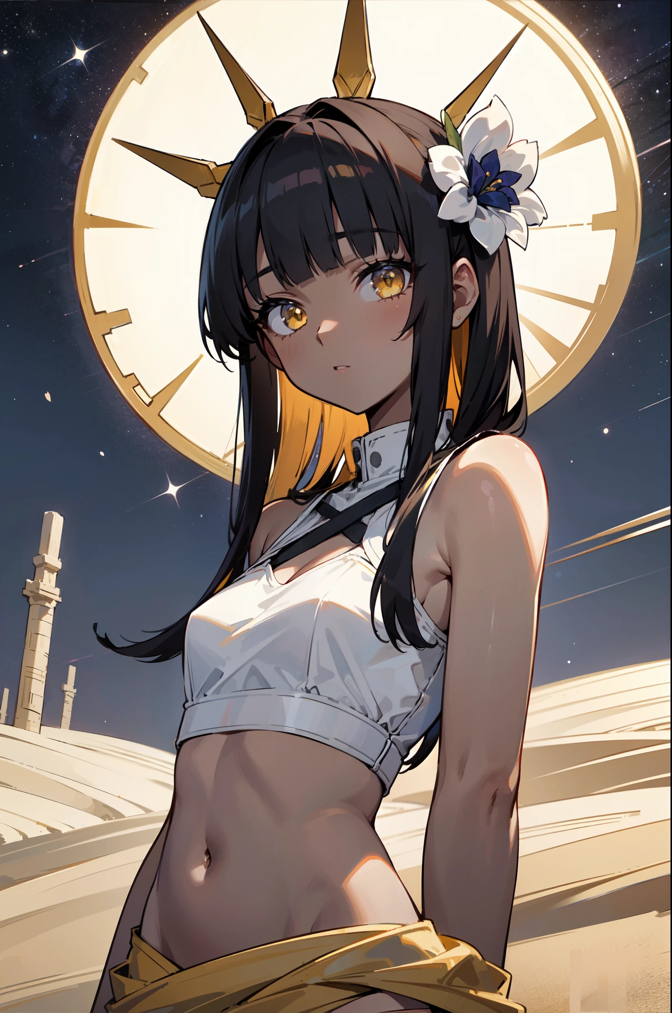 1girl, solo, teen, (dark skin:1.15), black hair, (long hair), ((hime cut, blunt bangs, blunt sidelocks)), messy hair, straight hair, flower over head, blue flower, yellow eyes, glowing eyes, egyptian clothes, white top, courtain top, navel, (pelvic courtain), old fashioned clothes, (small breasts), inexpressive, neutral, standing, arms behind back, looking at viewer, (upper body), (desert, sand, night, starry sky, scenery), masterpiece, best quality, 16