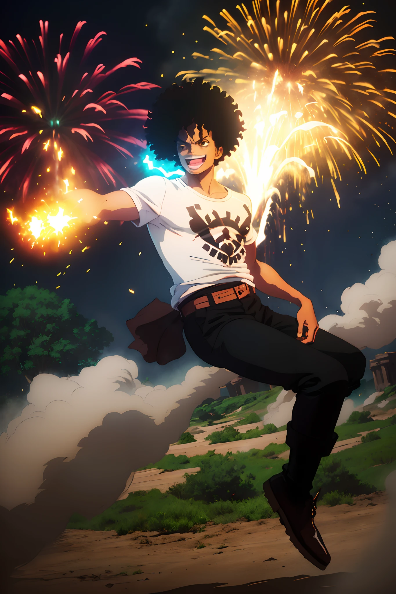 1boy,happy, blackcurly hair like Michael Jackson,smoke power,white shirt,brown trousers,black boots,one piece style,cool crew,good looking guy,vivid colors,portraits,brilliant colors,stylish lighting,medium shadow,lush greenery,slightly vintage atmosphere,energetic expression, fireworks, type, trees, palms, green island