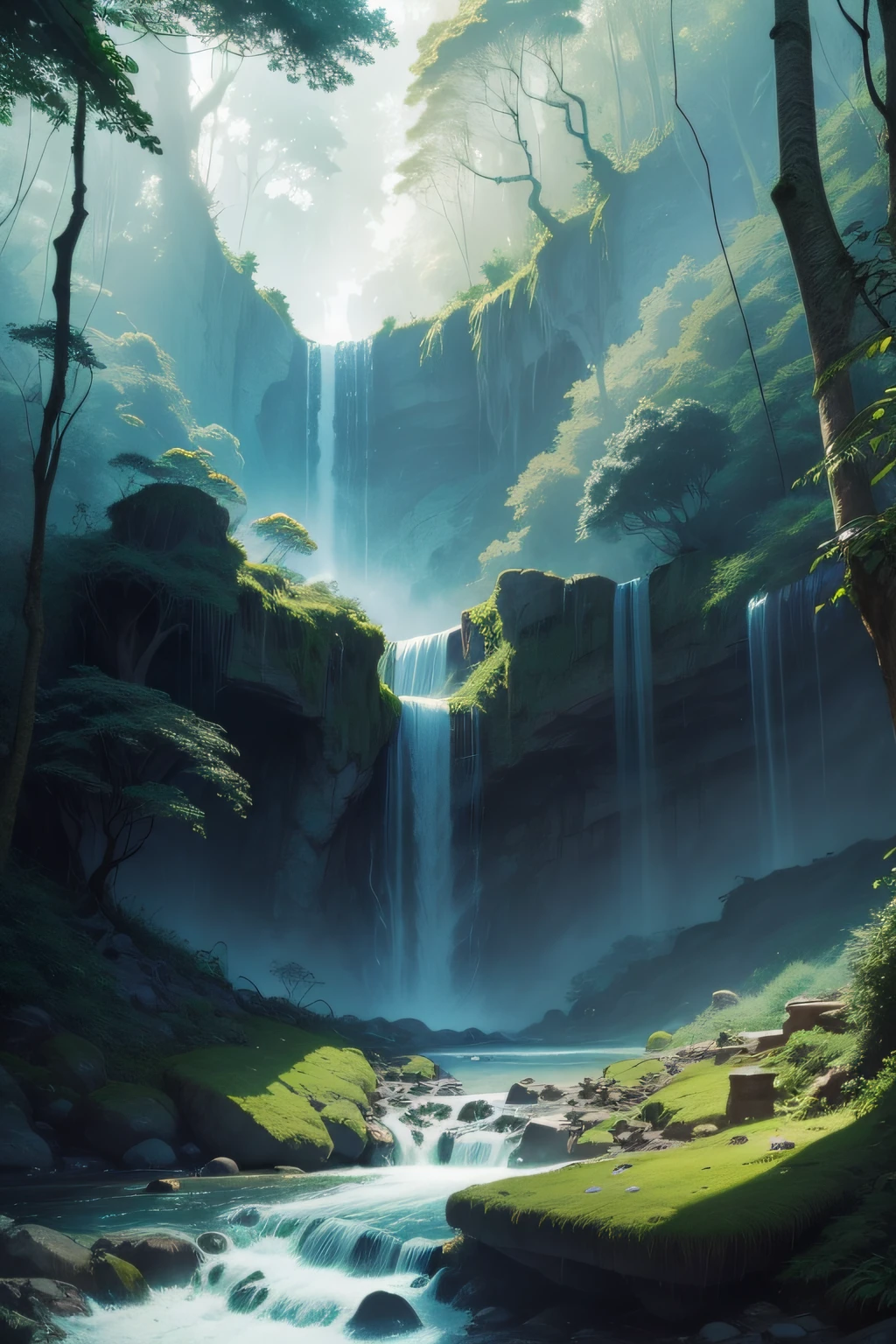 A hidden paradise deep within the jungle, a powerful waterfall crashing into a roaring river below, surrounded by ancient trees and thick vegetation, the air filled with refreshing mist, evoking a sense of tranquility and wonder, Artwork, mixed media of watercolor and ink, capturing the dynamic and organic essence of the scene, --ar 16:9 --v 5