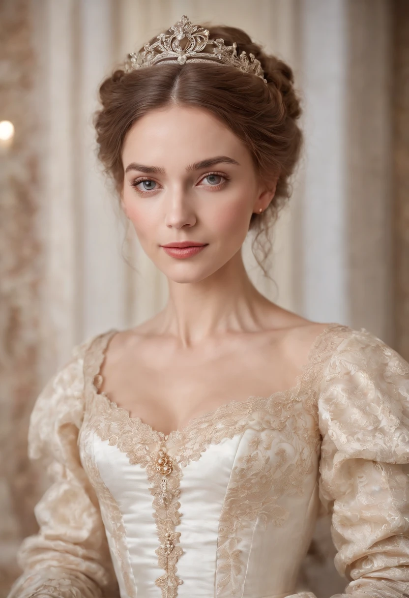 full body, godess, woman around 35 years old, blonde, distinctive brown eyes, slender and graceful, beautiful, ultra sharp focus, realistic shot, rococo queen, white royal dress, in victorian aristocrat, intricate victorian dress, dress in the style of rococo, rococo style portrait, rococo dress, beautiful female princess, historical baroque dress, aristocratic clothing, ivory rococo, beautiful fantasy maiden, victorian dress, rococo fashion, beautiful face, highly detailed face