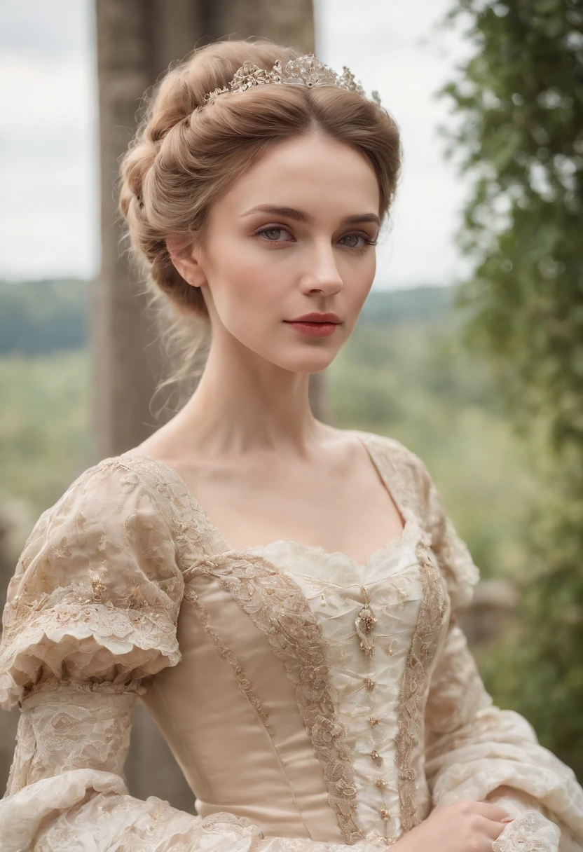 full body, godess, woman around 35 years old, blonde, distinctive brown eyes, slender and graceful, beautiful, ultra sharp focus, realistic shot, rococo queen, white royal dress, in victorian aristocrat, intricate victorian dress, dress in the style of rococo, rococo style portrait, rococo dress, beautiful female princess, historical baroque dress, aristocratic clothing, ivory rococo, beautiful fantasy maiden, victorian dress, rococo fashion, beautiful face, highly detailed face