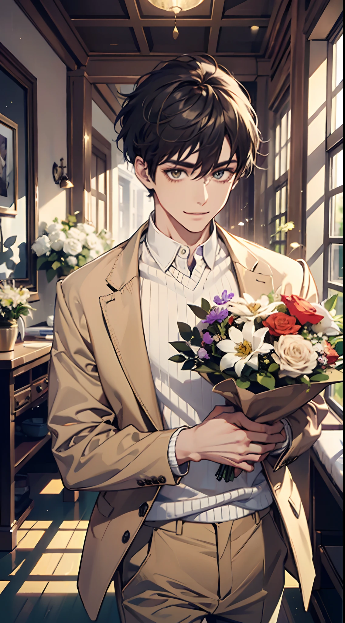(absurdos, Altas, ultra detalhado), master part, a boy holding a bouquet, sozinho. Handsome. short hair, olho fino, Rosto detalhado, sweater, beige pants, Sorriso leve. Estilo Realista