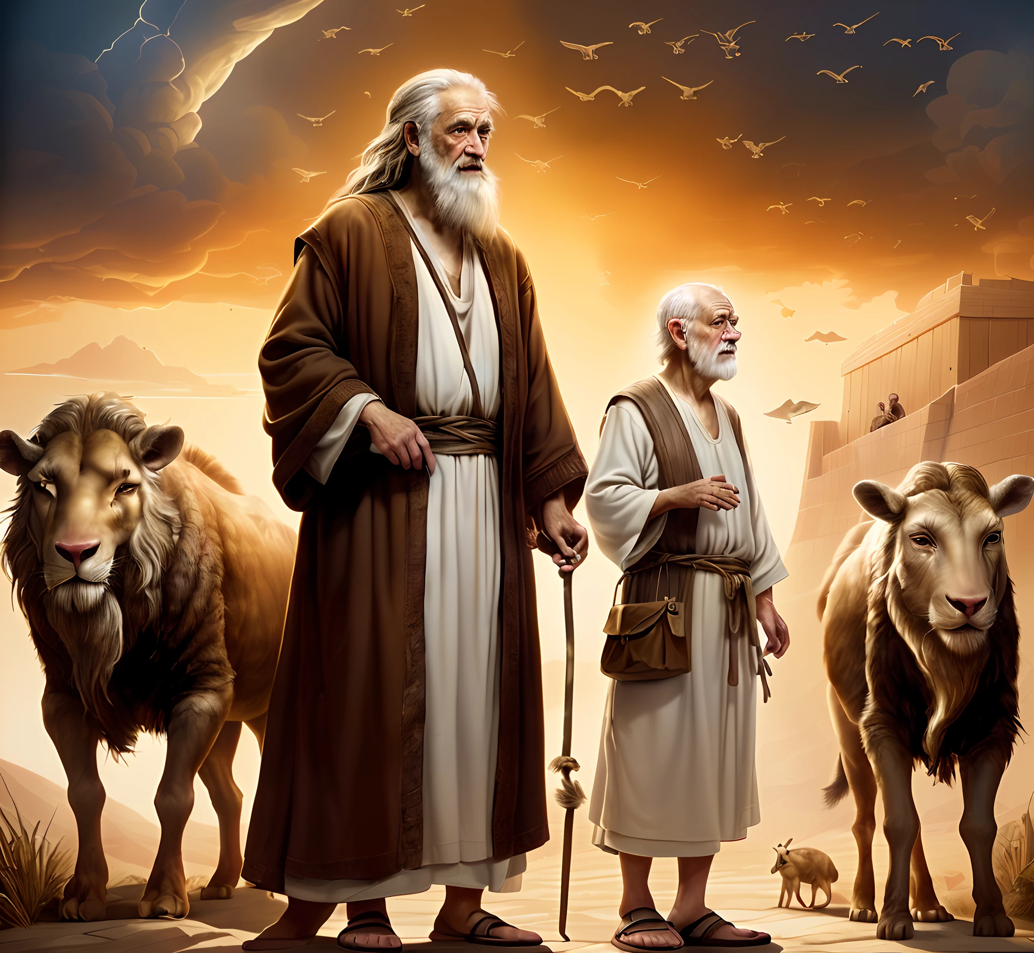 Noah and an old man who has been around since the Bible, Noah who is calling animal couples to the Ark, the Ark is a great place where the couple of animals of each species will stay, Noah is wearing clothes of the ancient Hebrew people, The image is rendered in the highest quality, Maximum detail, maximum quality, with maximum lighting detail, Realistic image, Maximum realism, Texture and overall composition.