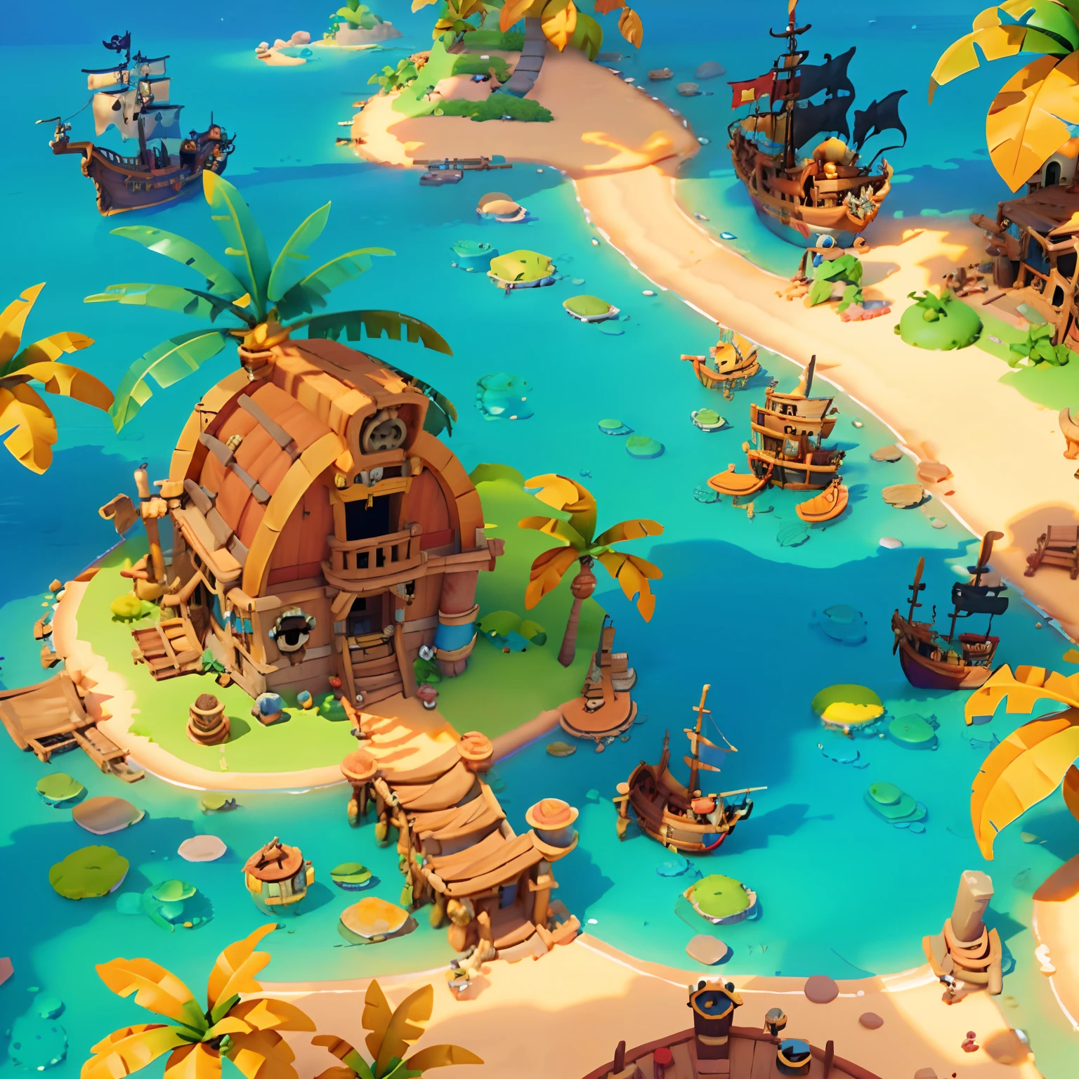 Bright, (pirate ships: 1.2), (dilapidated pirate houseboat: 1.2), houses, pirate treasure, warm sunlight, daytime, tropical scenery, fantasy style, (isometric viewing angle: 1.2), simple background, background white, concept art, Pixar, hyper HD, masterpiece, super detail, best quality