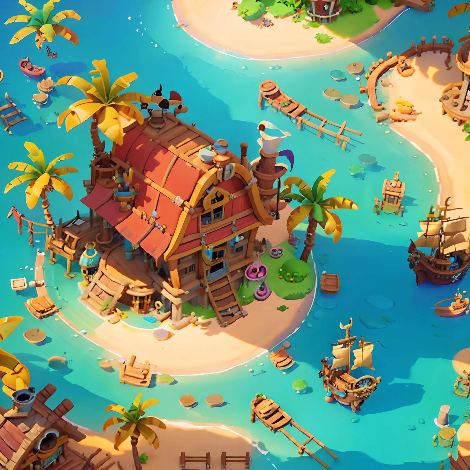 Bright, (pirate ships: 1.2), (dilapidated pirate houseboat: 1.2), houses, pirate treasure, warm sunlight, daytime, tropical scenery, fantasy style, (isometric viewing angle: 1.2), simple background, background white, concept art, Pixar, hyper HD, masterpiece, super detail, best quality