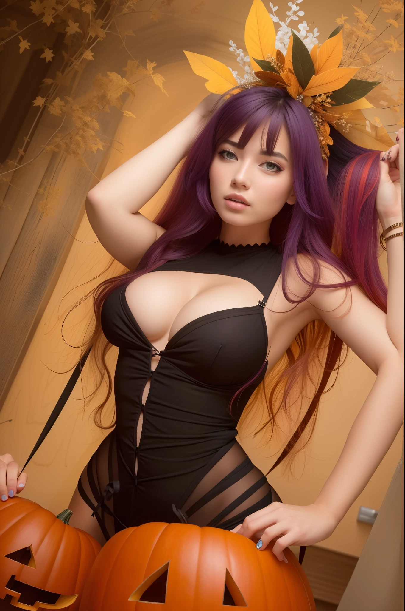 best quality, masterpiece, solo, , multicolored_hair, medium_breasts, 1girl, Halloween
