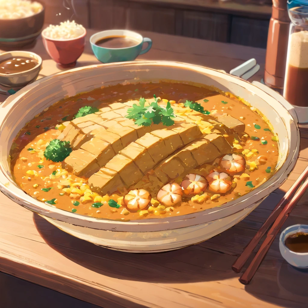Studio Ghibli View, Perfect, Best Quality, best art,Delicious-looking curry rice on the table、1 cup of coffee