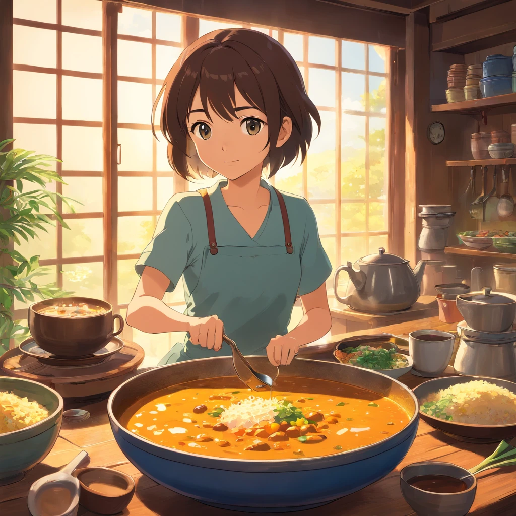 Studio Ghibli View, Perfect, Best Quality, best art,Delicious-looking curry rice on the table、1 cup of coffee