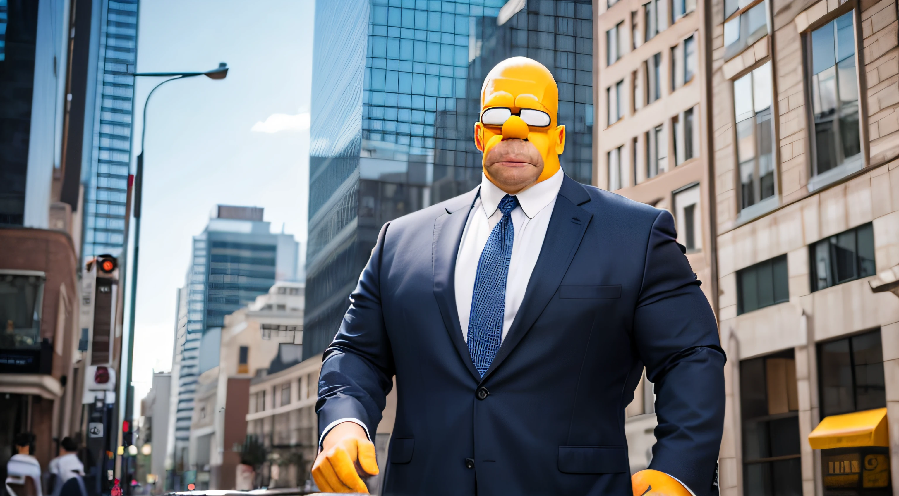 Muscular Homer Simpson face in the city, wearing suit