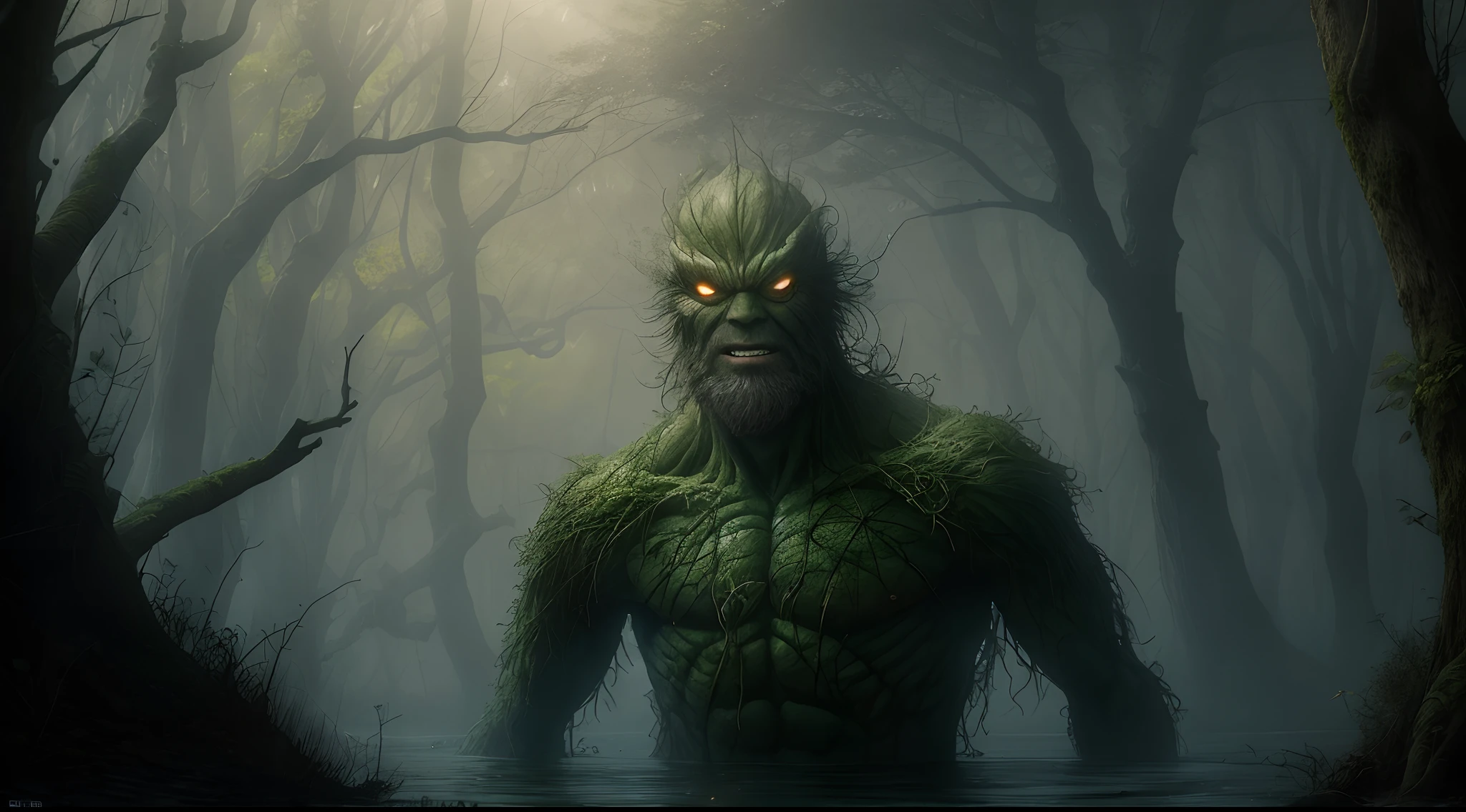 View of a mid-shot of Swamp Thing looking straight ahead and smiling at the camera with a funny face. The swamp thing (estilo Bernie Wrightson) It is in a mysterious and dark forest with very little light, casi de noche. gloomy forest. Ser blanco oculto entre las tinieblas del bosque. monstruo camuflado tras los arboles. Bosque oscuro en segundo plano, bosque en el fondo, Dark foggy day outside in the huge misty forest, con niebla, Niebla en el fondo, En el fondo hay mucha niebla, monstruo emergiendo de la niebla. Primer plano selfie, 8k selfie photograph, Foto selfie. profesional photography, 8k, Foto RAW, La mejor calidad, Obra maestra, fotorrealista, Altamente detallado, cinematography lighting, foco nítido, DSLR, High resolution, fotorrealista, --auto