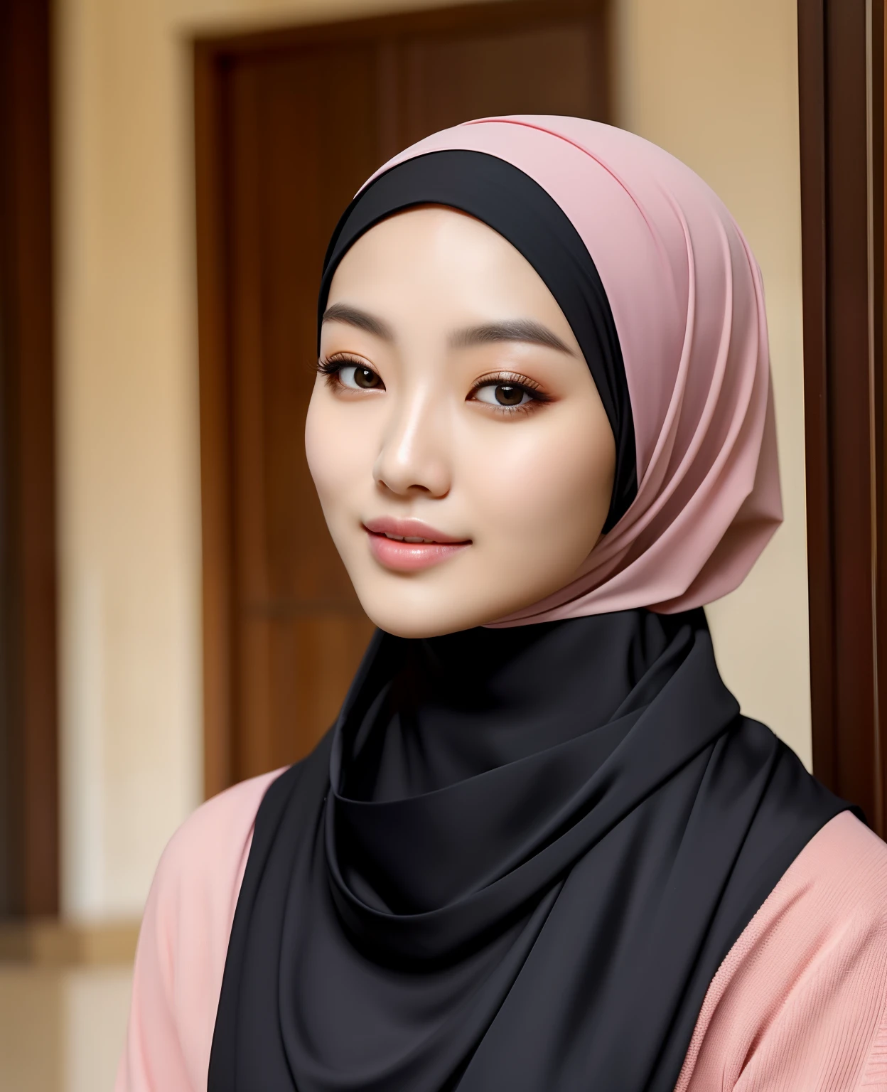 (masterpiece),(very detailed),a half body of a Korean woman wearing a hijab and a black and pink shirt, beautiful aesthetic face, her skin is light brown, mosque background, girl cute-fine-face, attractive female face!!!, with accurate face, attractive beautiful face, beautiful delicate face, very pretty face, with cute - fine - face, hijab, attractive girl, cute - fine - face, cute-fine-face