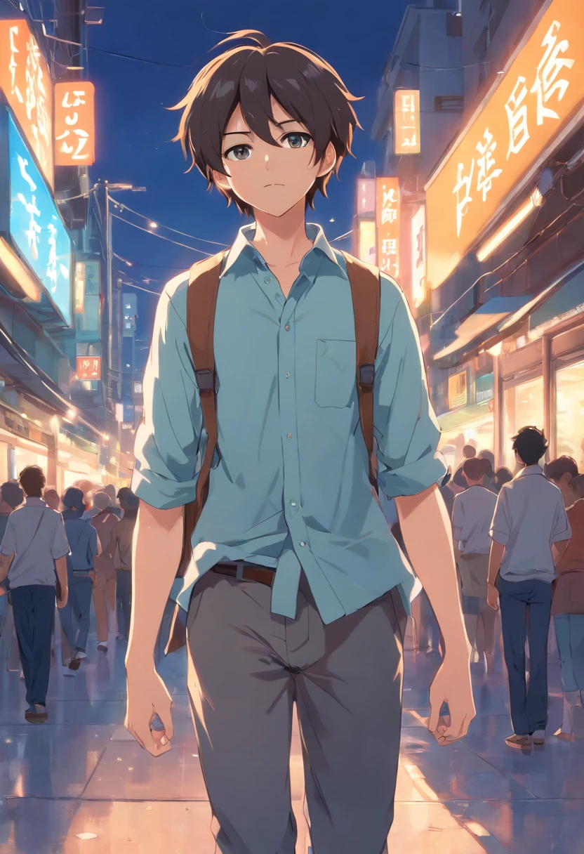 1hombre, 18 years old, white pale skin, cuerpo gordo, dutch, Cabello negro lacio, cool facial expression, (Manos bonitas), Lleva camisa gris, pantalones negros, Zapatillas azules y blancas, ((Posa con el cuerpo convertido en perfil mirando al espectador)), Determined facial expression, Fondo simple