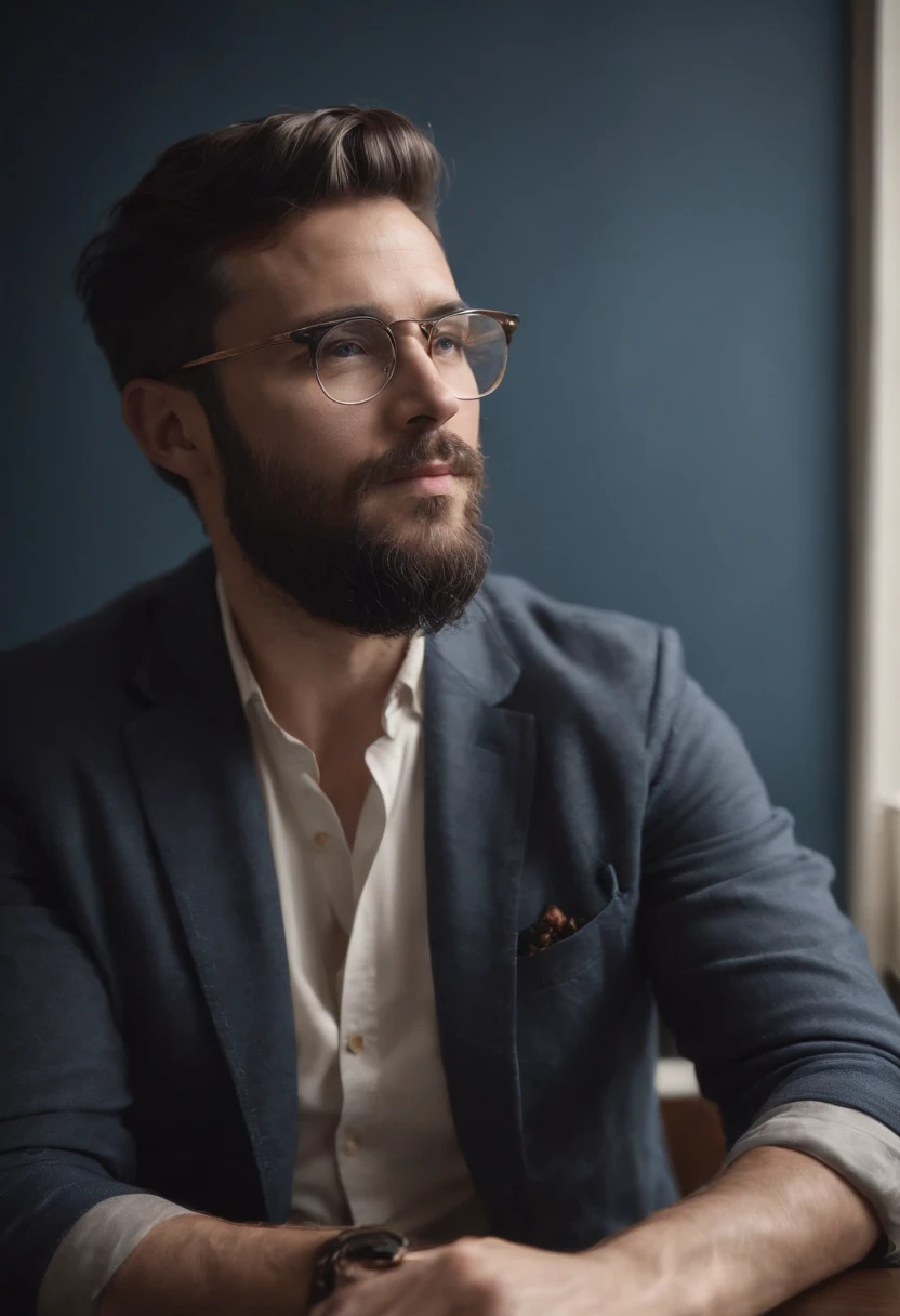 (A physically well-proportioned man (Golden ratio), piel negra, (Gafas de aumentol:1.1+barba:1.1), con jeans y camisa azul, chaqueta oscura, sitting reading in front of a classic oak desk with decorative details, micrófonoprofesional , Illuminated room