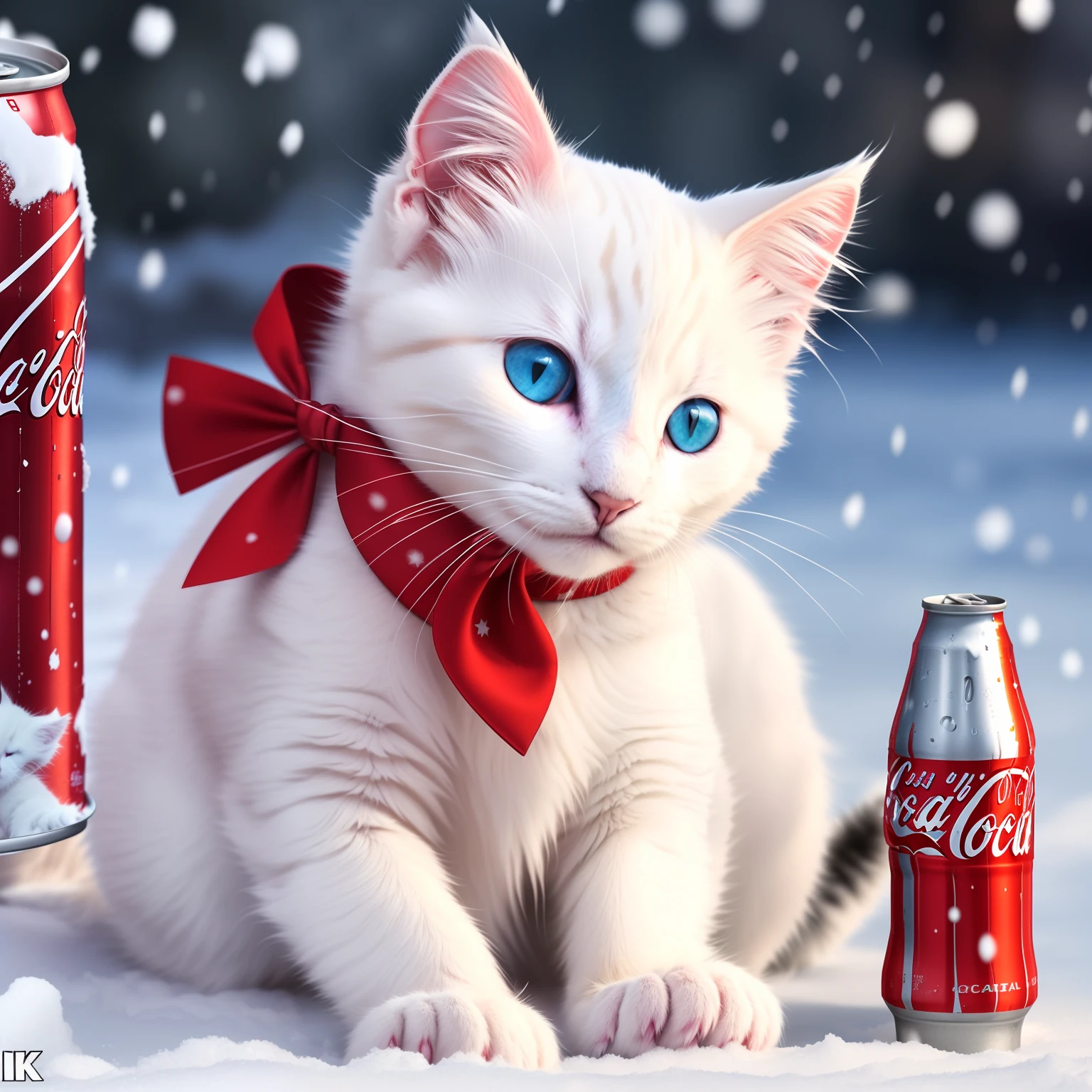a very furry white kitten, sitting in the snow, blue eyes, with a red bow around its neck, drinking a can of Coca Cola Photo realism 4k --auto --s2