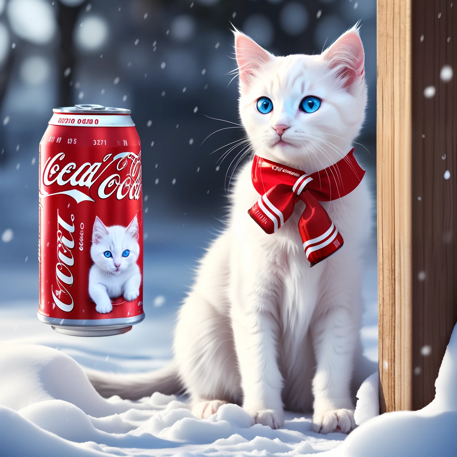 a very furry white kitten, sitting in the snow, blue eyes, with a red bow around its neck, drinking a can of Coca Cola Photo realism 4k --auto --s2