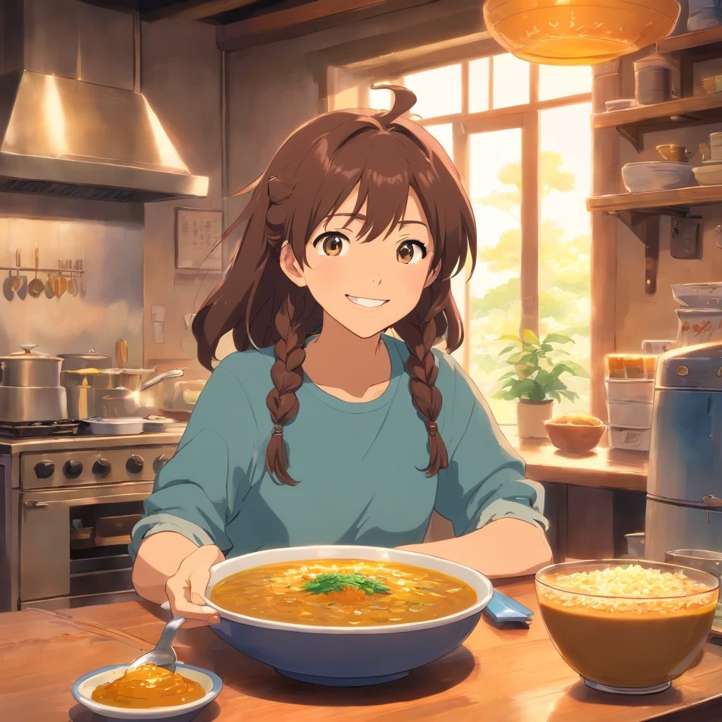 Studio Ghibli View, Perfect, Best Quality, best art,Curry rice on the table、1 cup of coffee、Smiling girl with long hair
