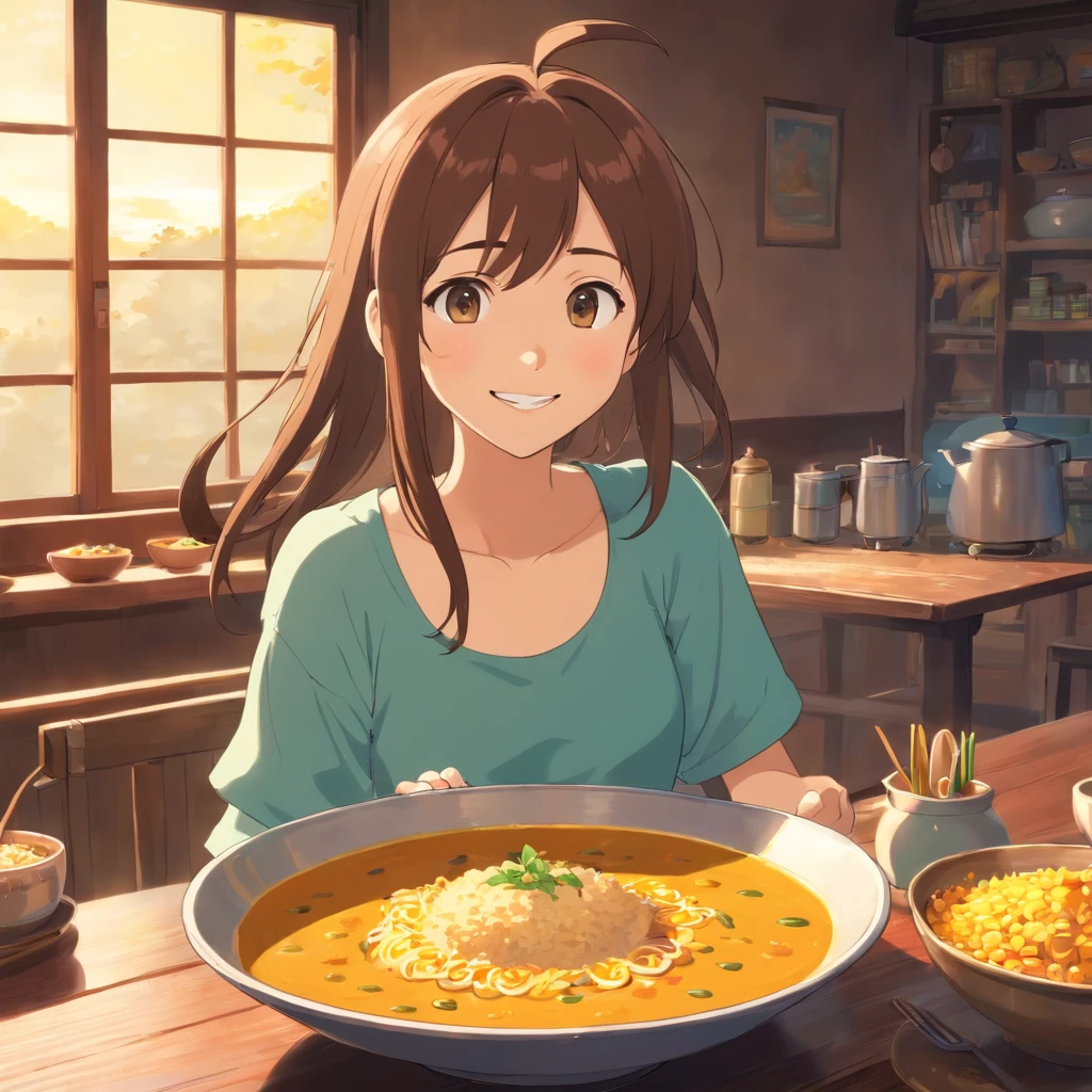 Studio Ghibli View, Perfect, Best Quality, best art,Curry rice on the table、1 cup of coffee、Smiling girl with long hair