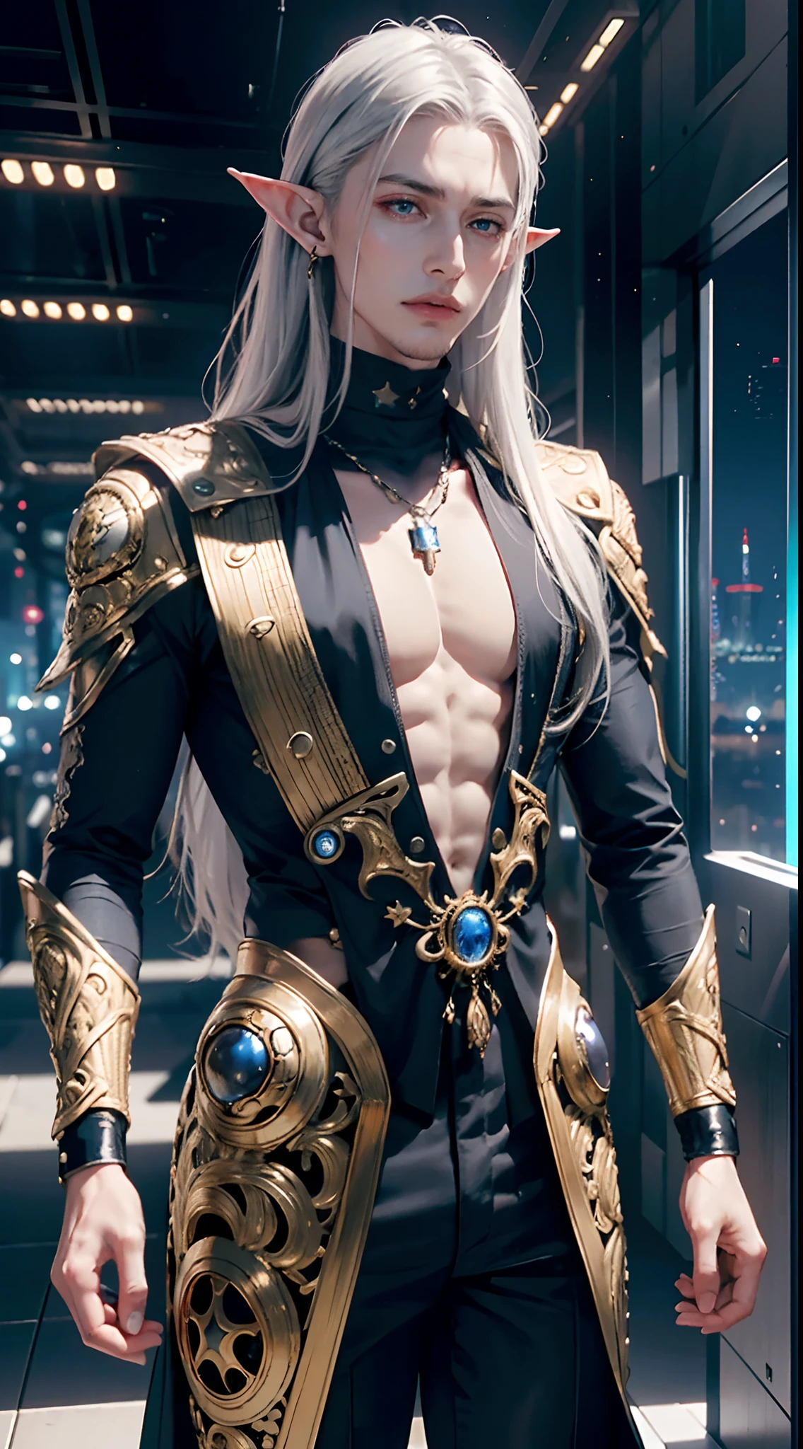 realistic, (masterpiece, top quality, best quality, official art, beautiful and aesthetic:1.2), extremely detailed,fractal art,colorful,highest detailed,zentangle, (1Character:1.3), Handsome man , ((very pale skin:1)) , silver hair , extremely long hair , blue eyes , elf ears , muscular, male, ((mature man:1)), age 44, wearing Button up turtleneck, blue star jewel on the chest , gold accents , intricate gold trim, techwear, high fashion , city wear , ,((futuristic city background:1.4))