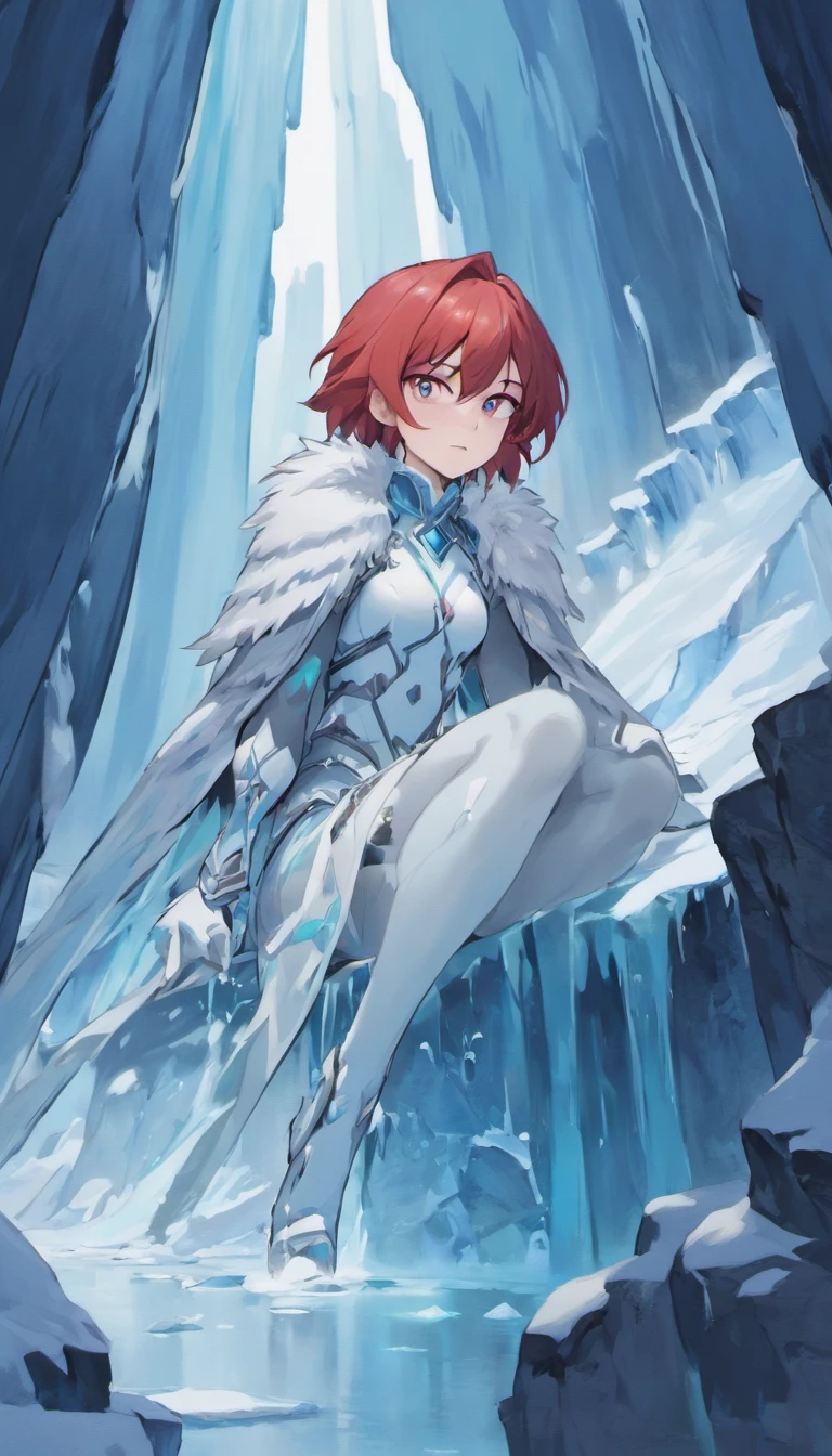 (A cold woman in an ice-throwing suit is sitting on the edge of an ice cliff,Arqueiro com arco de gelo:1.2),(red hair: 1.5),(Capuz fofo azul,olhos azuis,cabelos brancos,rosto delicado e bonito:1.3),Anatomia fina e perfeita,dynamicposes,Dia de neve,Arte de fantasia,There's a white wolf next to him,Fundo das geleiras,Under his feet are ice cliffs,Branco_Blue gradient rendering,A mais alta qualidade de imagem,alta resolução,alto detalhe,Sombras de objeto,Dynamic light sources,Dias nublados,Escurecimento da tela,tmasterpiece,arte oficial,Diagrama de corpo inteiro,O lobo branco jazia ao lado da mulher,Retrato detalhado do cabelo,,Rio da Lua,Tianqingniu,flor,1 girl