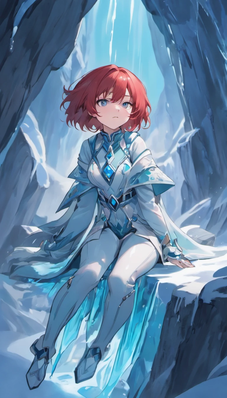 (A cold woman in an ice-throwing suit is sitting on the edge of an ice cliff,Arqueiro com arco de gelo:1.2),(red hair: 1.5),(Capuz fofo azul,olhos azuis,cabelos brancos,rosto delicado e bonito:1.3),Anatomia fina e perfeita,dynamicposes,Dia de neve,Arte de fantasia,There's a white wolf next to him,Fundo das geleiras,Under his feet are ice cliffs,Branco_Blue gradient rendering,A mais alta qualidade de imagem,alta resolução,alto detalhe,Sombras de objeto,Dynamic light sources,Dias nublados,Escurecimento da tela,tmasterpiece,arte oficial,Diagrama de corpo inteiro,O lobo branco jazia ao lado da mulher,Retrato detalhado do cabelo,,Rio da Lua,Tianqingniu,flor,1 girl