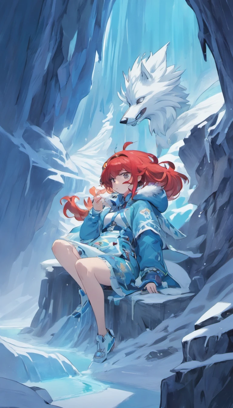 (A cold woman in an ice-throwing suit is sitting on the edge of an ice cliff,Arqueiro com arco de gelo:1.2),(red hair: 1.5),(Capuz fofo azul,olhos azuis,cabelos brancos,rosto delicado e bonito:1.3),Anatomia fina e perfeita,dynamicposes,Dia de neve,Arte de fantasia,There's a white wolf next to him,Fundo das geleiras,Under his feet are ice cliffs,Branco_Blue gradient rendering,A mais alta qualidade de imagem,alta resolução,alto detalhe,Sombras de objeto,Dynamic light sources,Dias nublados,Escurecimento da tela,tmasterpiece,arte oficial,Diagrama de corpo inteiro,O lobo branco jazia ao lado da mulher,Retrato detalhado do cabelo,,Rio da Lua,Tianqingniu,flor,1 girl