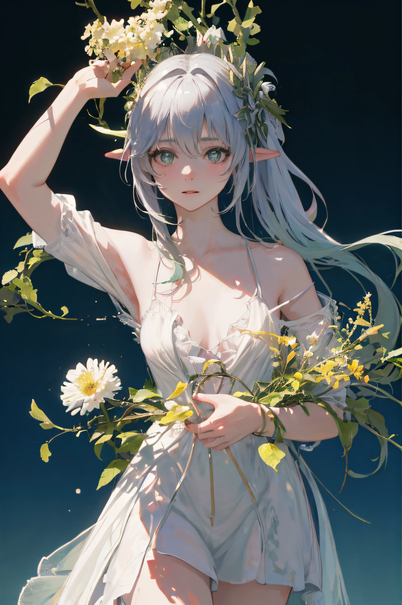 An adult girl stands in a field of dandelions and looks into the distance, Elven Girl, Beautiful elven ears, hairlong, pretty eyes, beatiful face, High Quality Face, Slender figure, curvy legs, Appearance of the model, confusion, sexuality, Cute beautiful anime woman, detailed digital anime art, beautiful anime girl, beautiful anime girl, Anime with small details, Best Quality, Masterpiece, Ultra-detailed, Beautiful, hight resolution, Original,CG 8K ультрареалистичный, perfect artwork, beatiful face, Face Clean, Skin, hyper realistic, Ultra Detailed, A detailed eye, dramatic lighting, (Realistic) Realistic, Full HD, Best Quality, Best Quality, Beautiful lighting, (8k wallpaper of extremely detailed CG unit), High Details, sharp-focus, The art of dramatic and photorealistic painting, beautiful smile, You can see the chest, naked breasts, naked ass,