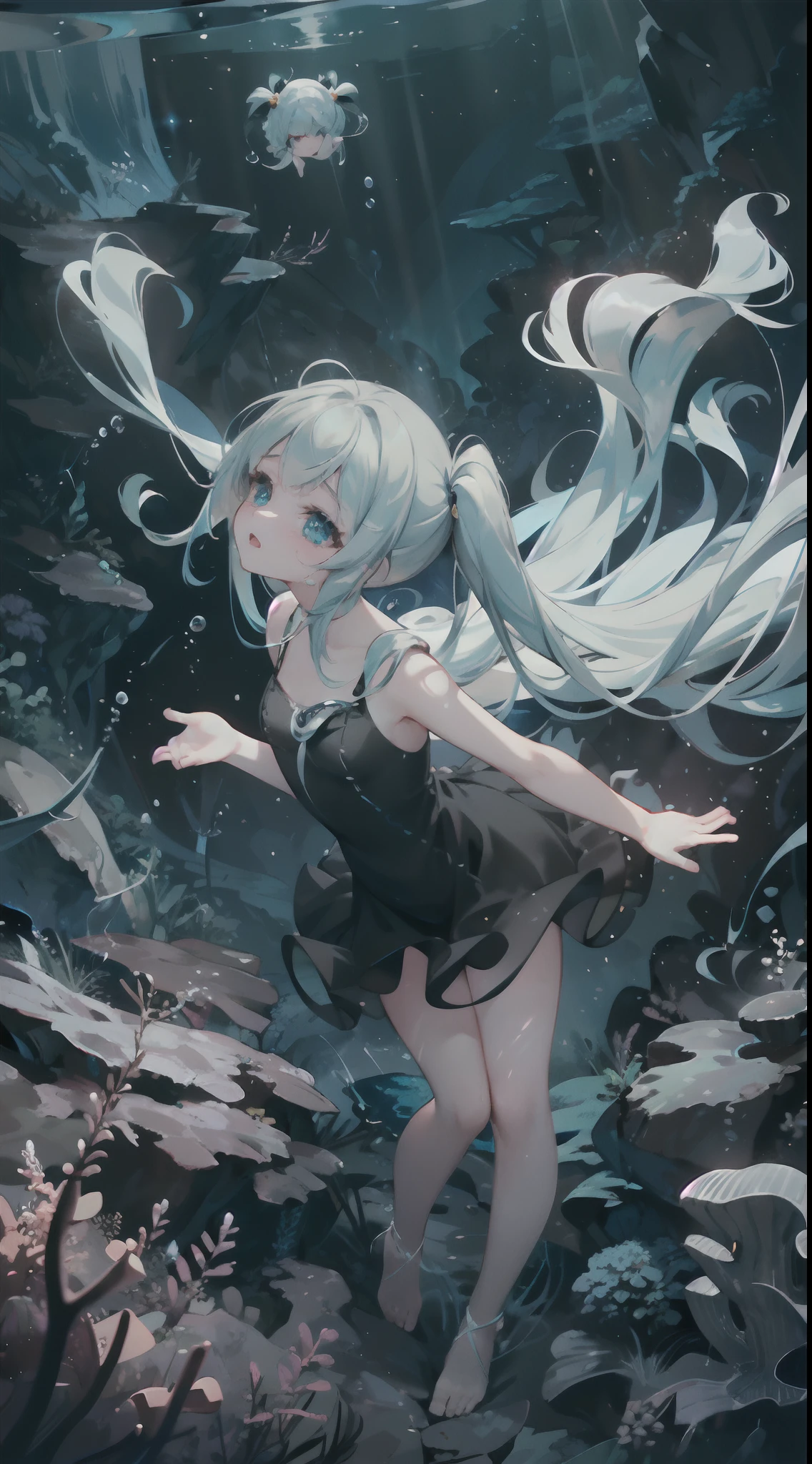 Masterpiece, best quality, high quality, Angle from above, High angle, wide shot, looking up:1.2, 1girl, (((floating girl))), curled up position, swims at the deep sea, (((deep sea))), (((underwater))), (((full body))), flowing hair, floating hair, blue green hair, super long hair, super long twin tails, blue green eyes, glowing eyes, (aurora), long eyelashes, (((sad, tearful, crying))), fantasy color, color light and shadow rendering, moist lips, (((black short dress, sleeveless dress))), barefoot, dazzling background, light pillars, rays, rich colors, dreamy, stardust, noble, elegant, ((creative, extremely high-quality pictures, pure)))), ((aurora, giant crystal, magic ray, rich colors, Tyndall effect))), dazzling, dreamy, dynamic, super detail, 8k, magnificent, epic composition, intricate details, Unreal Engine, Full Body Image, bubble, fish, jellyfish, beam of light, mystical, fantastical, Undersea, [Full Body Portrait] Atmosphere, Correct Proportions, Delicate Beauty (Extreme Detail, Delicate Facial Features Portrayal, Delicate Hair Depiction, Delicate Eye Depiction), (extremely delicate CG) seabed, bubbles, Volumetric Lighting, Best Shadows, Shallow Depth of Field, Portrait Of Stunningly Beautiful Girl, Delicate Beautiful Attractive Face With Alluring Eyes, fine detailed eyes, highly detailed fine art, (finely detailed beautiful eyes and detailed face), delicate depiction of facial features, (Highest Quality, Amazing Details:1.25), (Solo:1.3), Brilliant Colorful Paintings, (Aesthetic), (Beautiful), (professional angle), (Feminine), (Woman), (Female), (Beautiful), (Feminine features), (16-years old), Solo, 1 woman, Dramatic light, Beautiful hands, Two hands, normal hands, Two arms, complete hands, Beautiful body, Beautiful fingers, normal fingers, Five Fingers, Beautiful ears, normal ears, Beautiful mouth, Beautiful lips