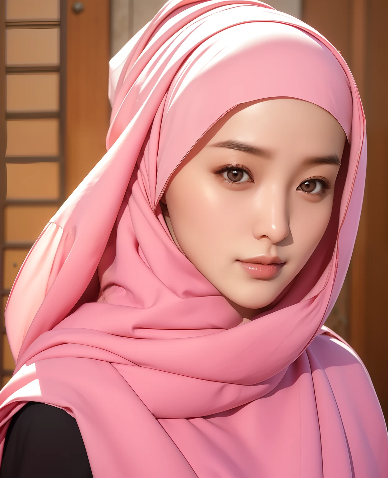 (masterpiece),(very detailed),a half body of a Korean woman wearing a hijab and a black and pink shirt, beautiful aesthetic face, her skin is light brown, mosque background, girl cute-fine-face, attractive female face!!!, with accurate face, attractive beautiful face, beautiful delicate face, very pretty face, with cute - fine - face, hijab, attractive girl, cute - fine - face, cute-fine-face