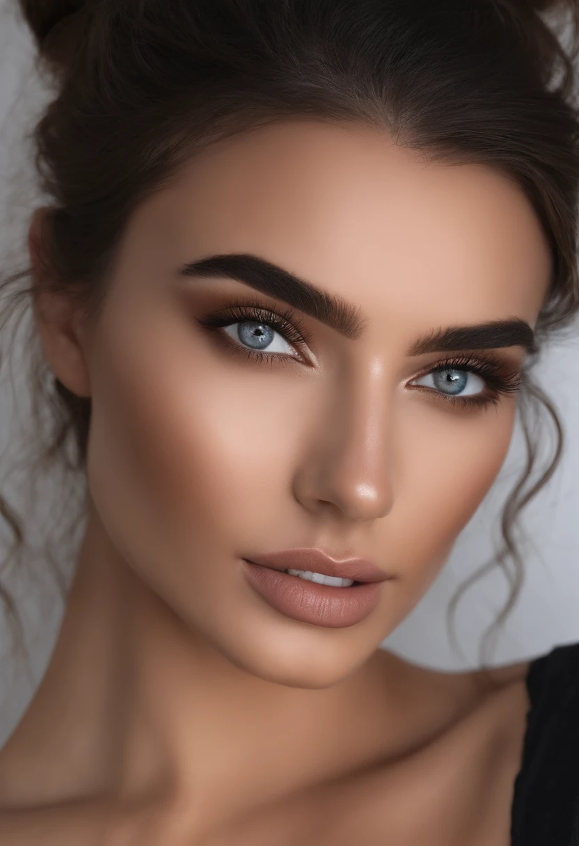 Arafed woman completely , fille sexy avec grosse poitrine aux yeux bruns, ultra realist, Meticulously detailed, Portrait Kendal Jenner, cheveux noir et grands yeux, selfie of a young woman, Dubai Eyes, sans maquillage, maquillage naturel, looking straight at camera, Visage avec Artgram, Maquillage subtil, Superbe photo du corps entier debout, dans le salon, Medium to large bust