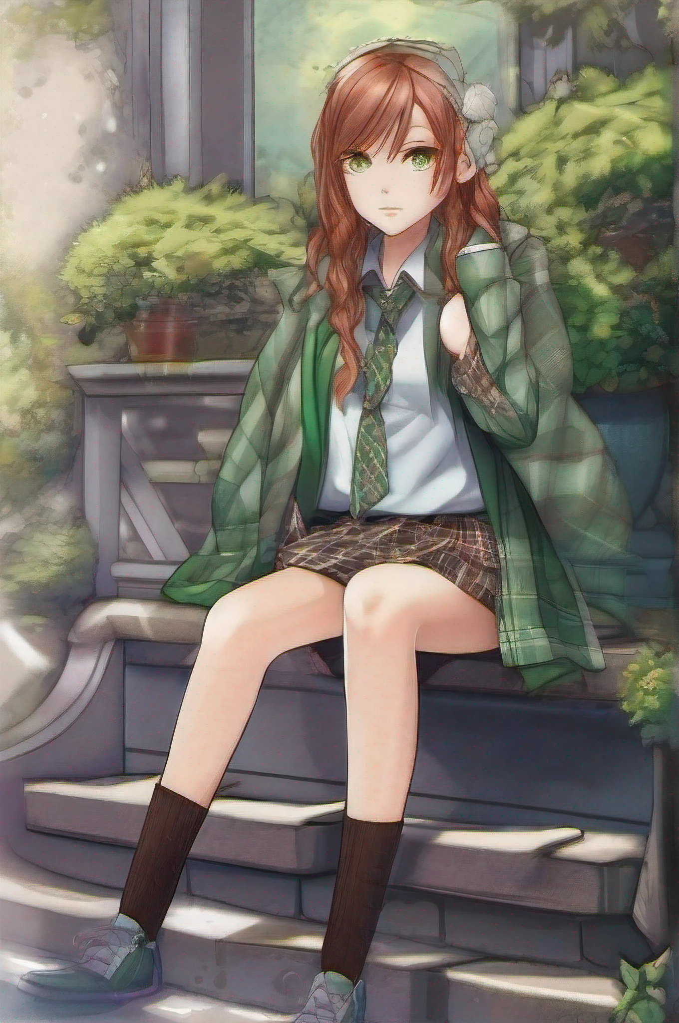 Species: Echomorph
Fake Name: Emma Sterling
Real Age: 597
Fake Age: 14
Eye Color: Emerald green
Hair Color: Long, flowing auburn hair with a hint of silver highlights
Height: 5 feet 7 inches (170 cm)
Clothing:
Grey wears a school uniform consisting of a white blouse, a plaid skirt, knee-high socks, and black polished shoes. Outside of school, she opts for a stylish and trendy wardrobe, often wearing earth-toned colors and fashionable accessories.
