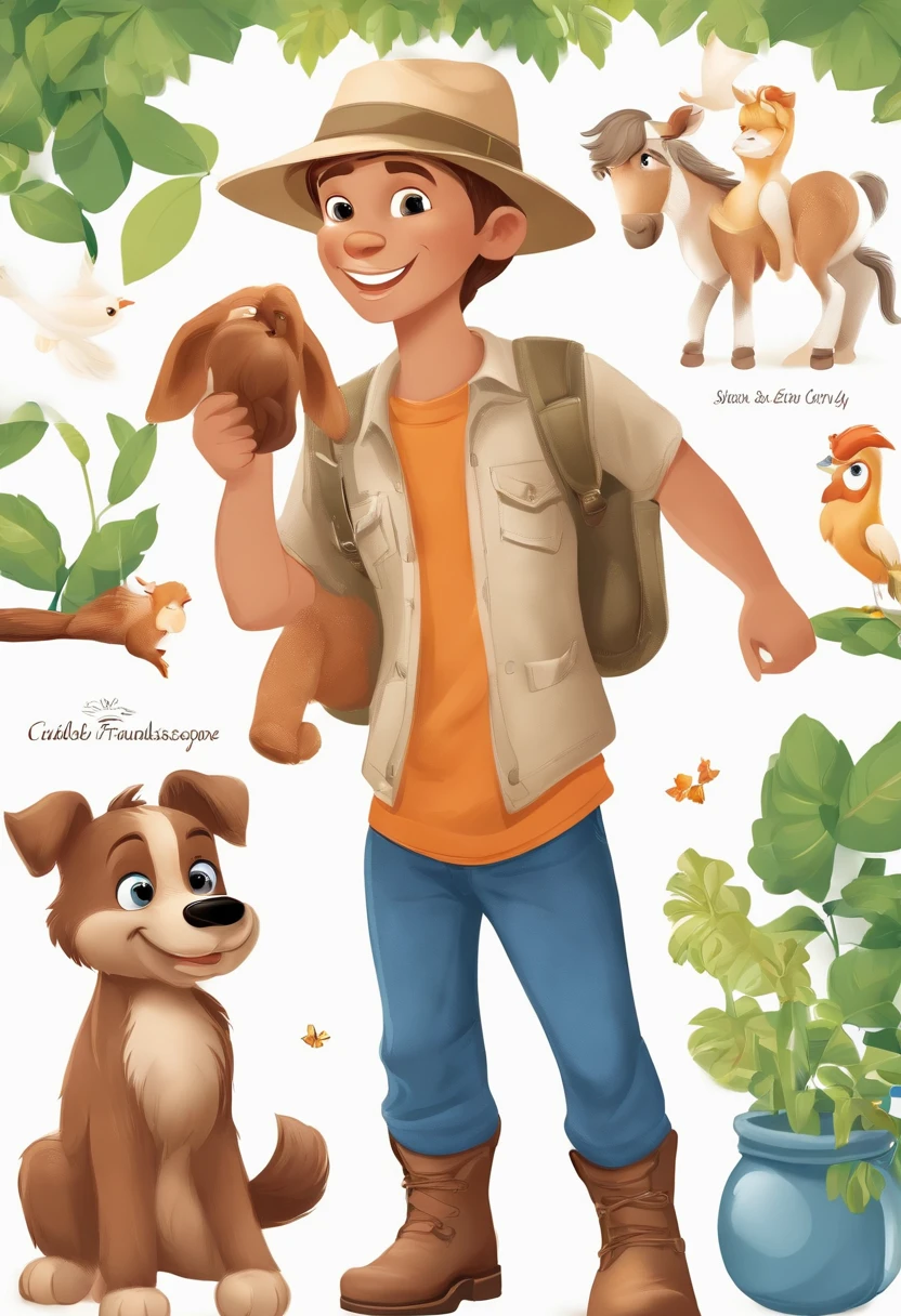 pequeno explorador bonito, in various poses and expressions against a white background, Children's book illustration style, simples, fofo, 6 anos, longos cabelos lisos com rabo de cavalo e franja, camisa de manga curta, jeans fotos , sem cinto, without a hat, sem livro, without glasses, sem mochila, (( linhas grossas, sem cor, fundo branco, dashes only))