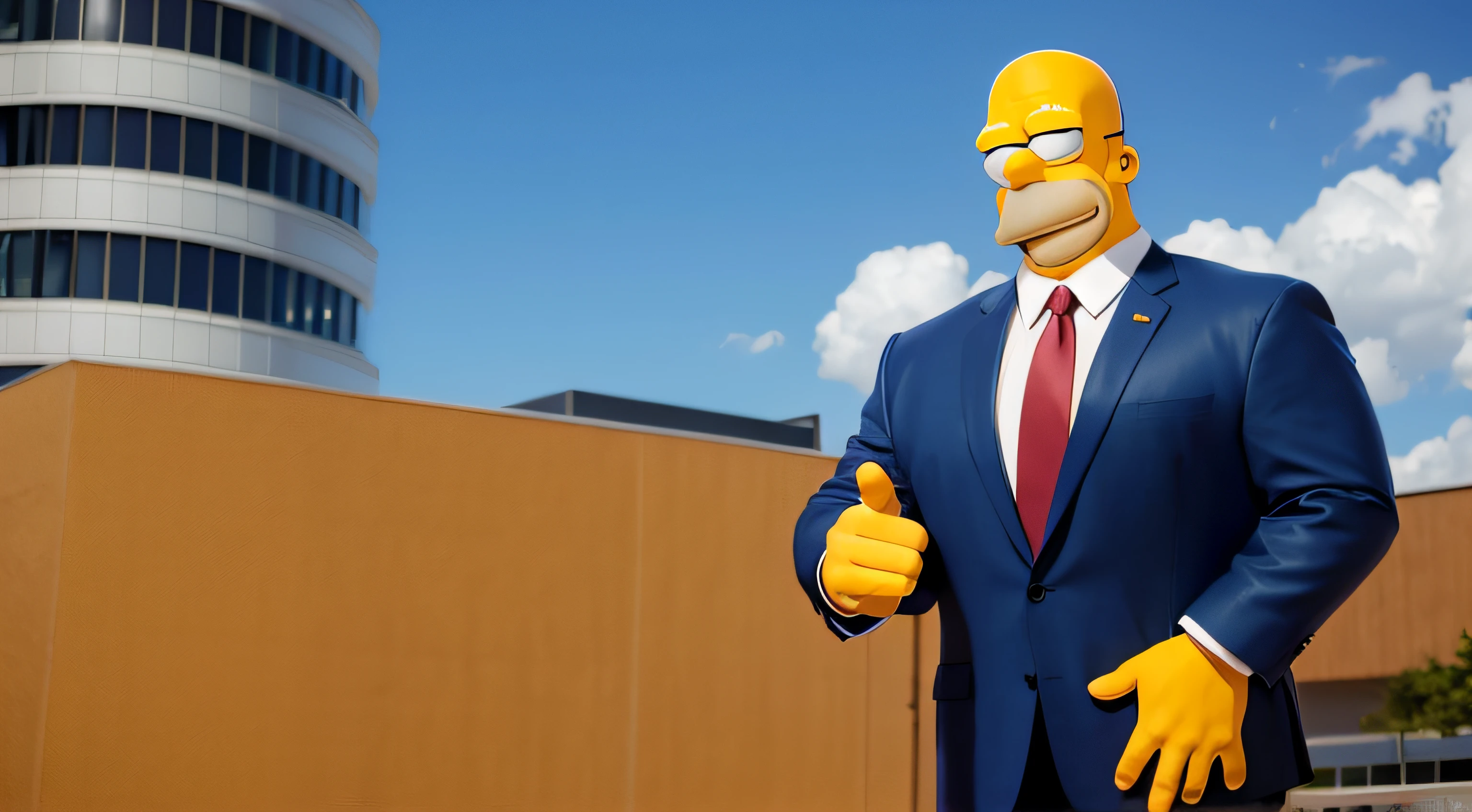 Muscular Homer Simpson face in Springfield, wearing suit