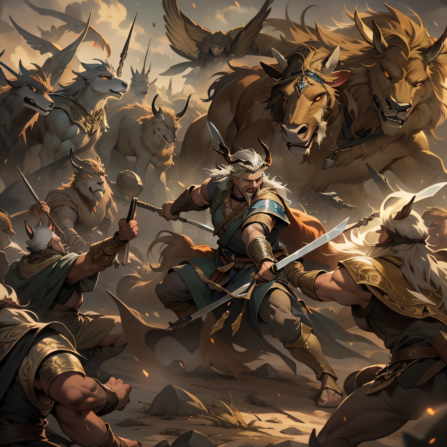 (melhor qualidade, high resolutions, fotorrealista:1.37), ultra detalhado, Machados de Guerra Viking, Brilho Celestial, Guerreiros ferozes, Antigos campos de batalha, Guerreiros dos Deuses, epic showdown, intense power, Historical war, dramatic lighting, Mystical aura, Armas divinas, Mythical battlefields, Legendary fight, Heroic champions, guerreiros destemidos, Lendas antigas, Grito de Guerra, Triumph and glory, atmosfera imersiva, Epic combat, Amazing scene, Mythical warriors, Old Norse, Film-like composition, energia intensa, mythical heroes, mythical creatures, Fierce determination, Amazing action, dinamic poses, Confronto monumental, ethereal beauty, Mythical realms, Mythical force, divine intervention,Bestas sobrenaturais,Guerra dos Mundos,Minotauro,Hidra,Centauro,Magical Beasts,Montruos terorificos |,Fierras