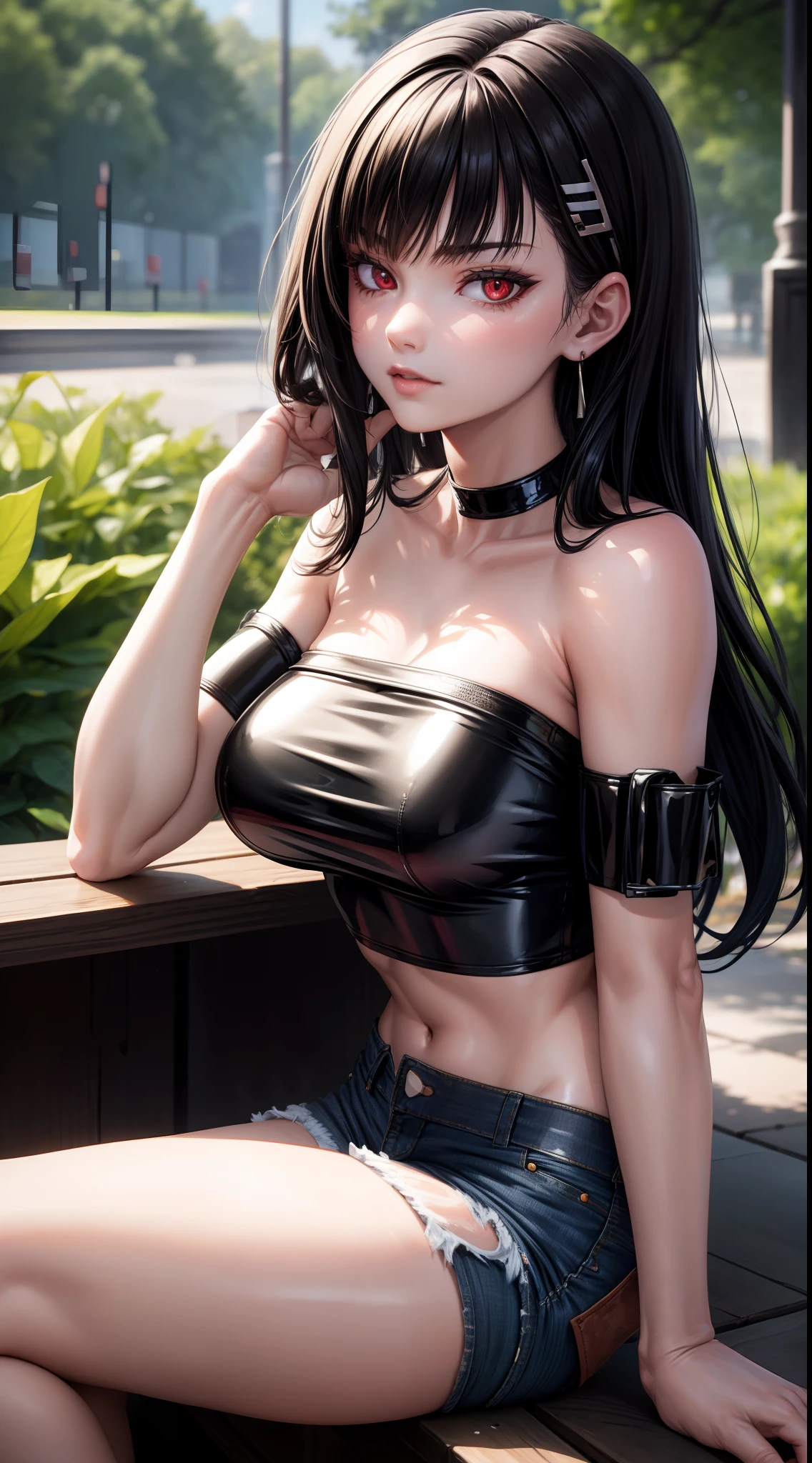 8k, highres, ultra detailed, (masterpiece:1.4), best quality, symmetrical body, (black latex strapless crop top:1.4), (jeans shorts:1.4), choker, cute, solo, earrings, long hair, black hair, red eyes, glow effect, finely eye, detailed face, looking at viewer, seductive face, in the park, sitting on bench, angled view, big breasts, seductive look, perfect fingers, crossed arms