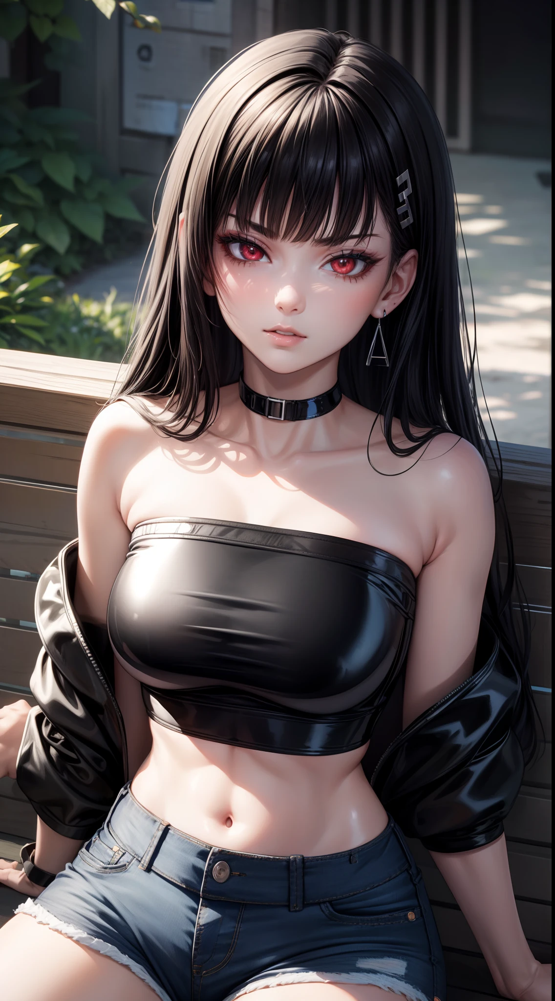 8k, highres, ultra detailed, (masterpiece:1.4), best quality, symmetrical body, (black latex strapless crop top:1.4), (jeans shorts:1.4), choker, cute, solo, earrings, long hair, black hair, red eyes, glow effect, finely eye, detailed face, looking at viewer, seductive face, in the park, sitting on bench, angled view, big breasts, seductive look, perfect fingers, crossed arms