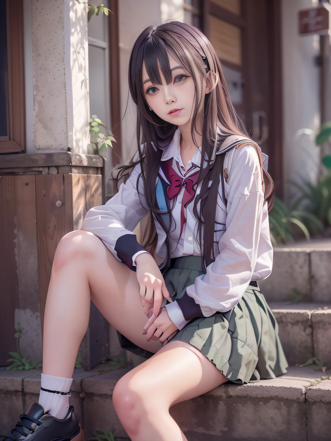 Sister sitting on the sidewalk, real life anime girl, ulzzangs, a hyperrealistic schoolgirl, beautiful anime high school girl, Engaging pose, Anime style mixed with Fujifilm, a japanese girl, Anime girl cosplay, Casual pose, dressed with long fluent clothes, Surreal Japan uniforms, Cute Schoolgirl, charming anime girls, School Girl，beautiful young woman with，((smooth hair，detailed hairs，Very fine hairs)),(Knee-length skirt:1.7),1girl in,((small tits,Thin leg,skinny thigh)),slim figure,extremely detailed eye and face、beatiful detailed eyes,Cool color makeup,Expro II，Lens Flare，Sharpen，cinematic shadow