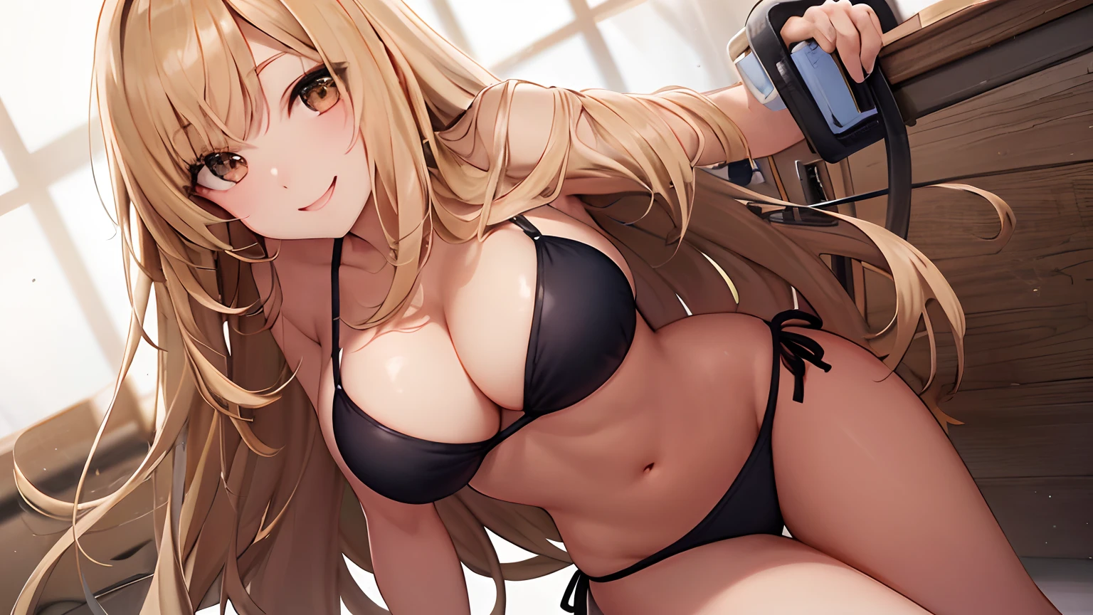 superfine illustration, very detailed beautiful face and eyes, Dynamic Angle, school classrooms, Show from head to knee, The bikini, Bright smile, Brown eyes, Beige hair color, Piece with both hands, Cowboy Shot