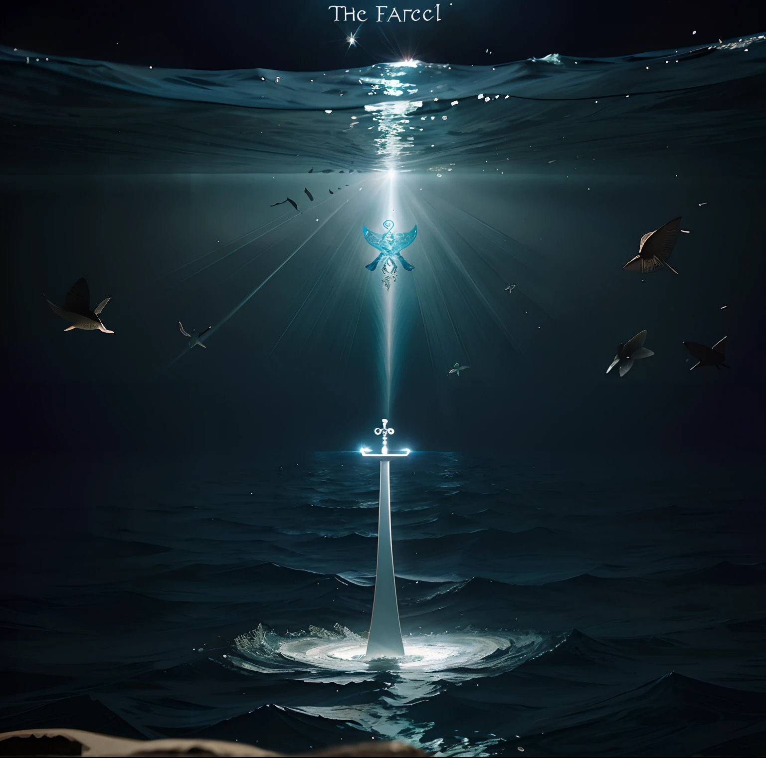 The tarot card, (the five of swords) stands on the ocean floor, inside the blackocean, looking up to the sun. On the bottom, blackbugs spring out of the sand in all directions. Cinematic scense perception. Under the ocean. High-quality 4k resolution.