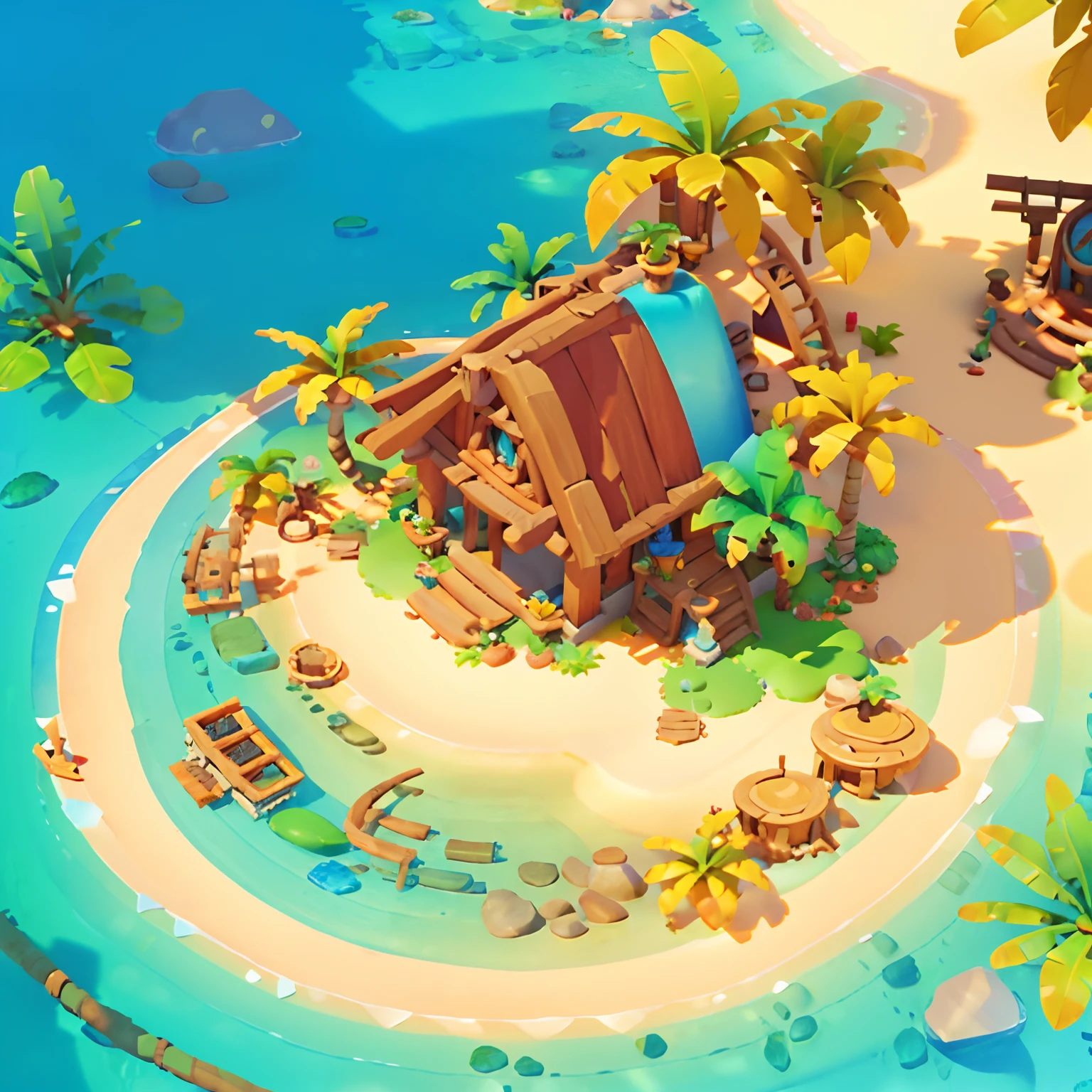 Bright, (tropical island: 1.2), (dilapidated treasures: 1.2), houses, warm sunlight, during the day, wood, fantasy style, (isometric viewing angle: 1.2), simple background, white background, concept art, da Pixar, hyper HD, masterpiece, super detail, best quality