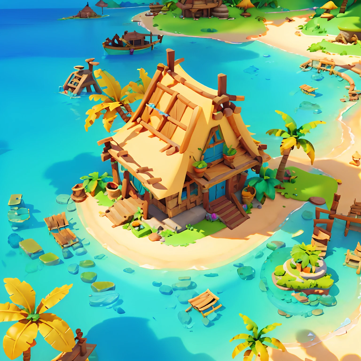 Bright, (tropical island: 1.2), (dilapidated treasures: 1.2), houses, warm sunlight, during the day, wood, fantasy style, (isometric viewing angle: 1.2), simple background, white background, concept art, da Pixar, hyper HD, masterpiece, super detail, best quality