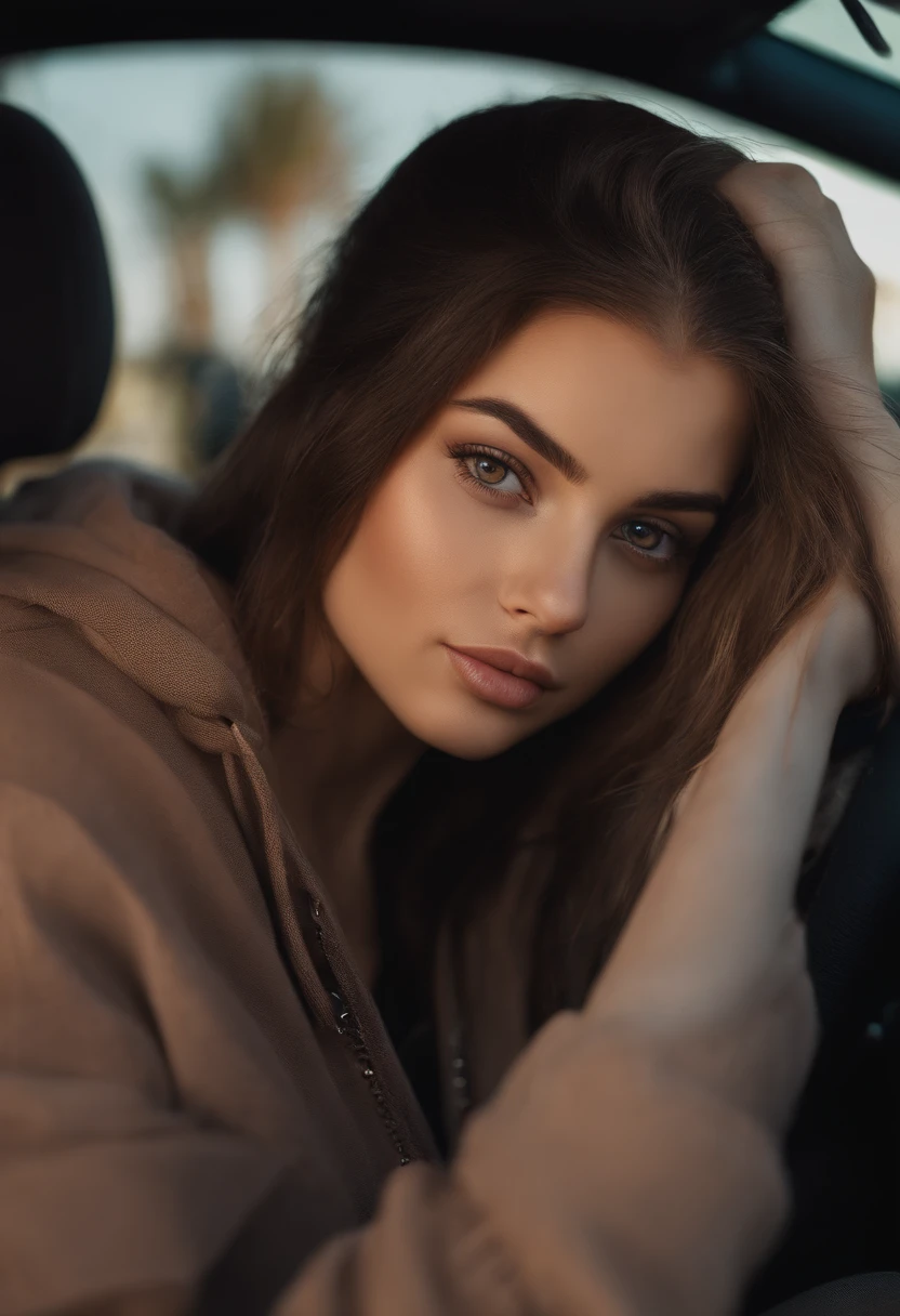 arafed woman fully, sexy girl with brown eyes, ultra realistic, meticulously detailed, portrait sophie mudd, brown hair and large eyes, selfie of a young woman, dubai eyes, violet myers, without makeup, face with artgram, medium to large size bust, no blur, realistic, sitting in car, camera glare, realistic lighting, wear hoodie, age 18, photo of neck up, hair in messy bun