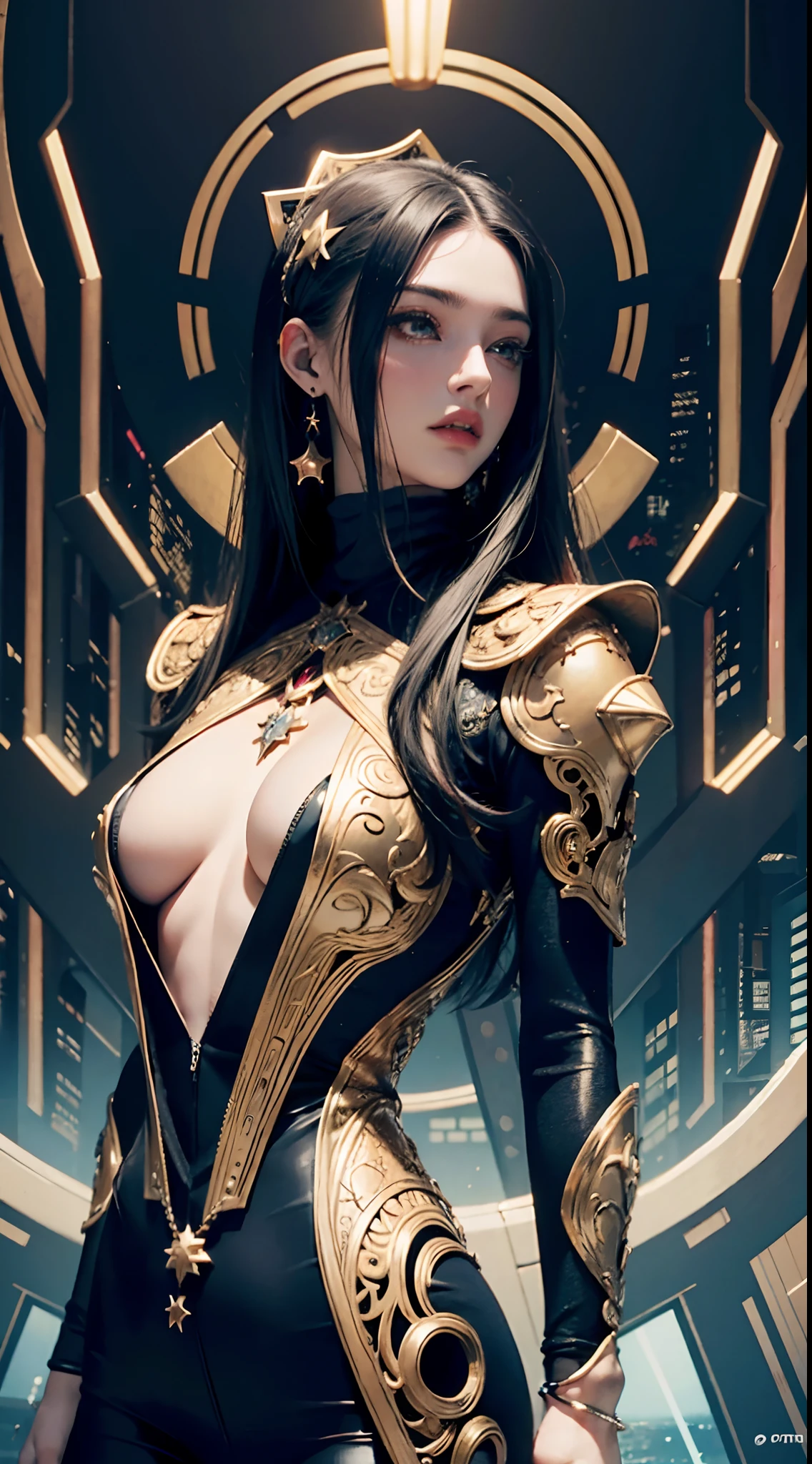 realistic, (masterpiece, top quality, best quality, official art, beautiful and aesthetic:1.2), extremely detailed,fractal art,colorful,highest detailed,zentangle, (1Character:1.3), Stunning woman , extremely long hair , black hair , red eyes , age 30, wearing Button up turtleneck, blue star jewel on the chest , gold accents , intricate gold trim, techwear, high fashion , city wear , ,((futuristic city background:1.4))