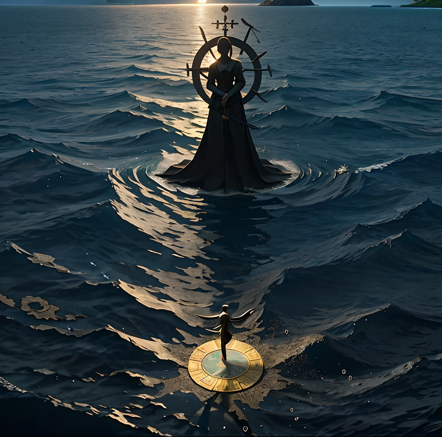 The tarot card, the five of swords, stands on the ocean floor, inside the blackocean, looking up to the sun. On the bottom, black bugs spring out of the sand in all directions. Cinematic scense perception.
