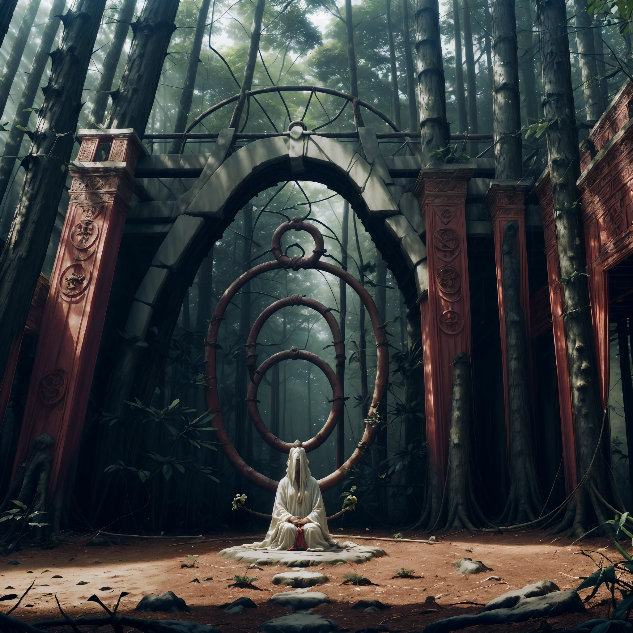 Hyperdetailed regenerative [glitch] still, (koan), matte, understated, (meditative: 1.2), (harmonic) impressionism, cerebral, (interconnected), labyrinth, (introspective), psyche, balanced and reciprocal, concept: "A mysterious jungle with dense foliage, winding paths, and a sense of ancient wisdom. The jungle acts as the lungs of biological life, providing oxygen and absorbing carbon dioxide. Imagine a place where nature reigns supreme, where the sounds of wildlife echo through the trees and the air is thick with the scent of exotic flowers. This jungle is a living organism in itself, pulsing with energy and vitality."