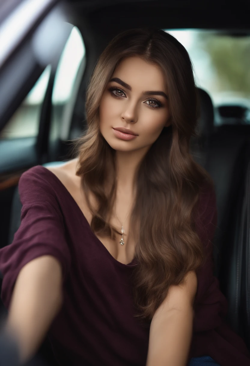arafed woman fully, sexy girl with brown eyes, ultra realistic, meticulously detailed, portrait sophie mudd, brown hair and large eyes, selfie of a young woman, dubai eyes, violet myers, without makeup, face with artgram, medium to large size bust, no blur, realistic, sitting in car, camera glare, realistic lighting, wear hoodie, age 18, photo of neck up, drinking coffee