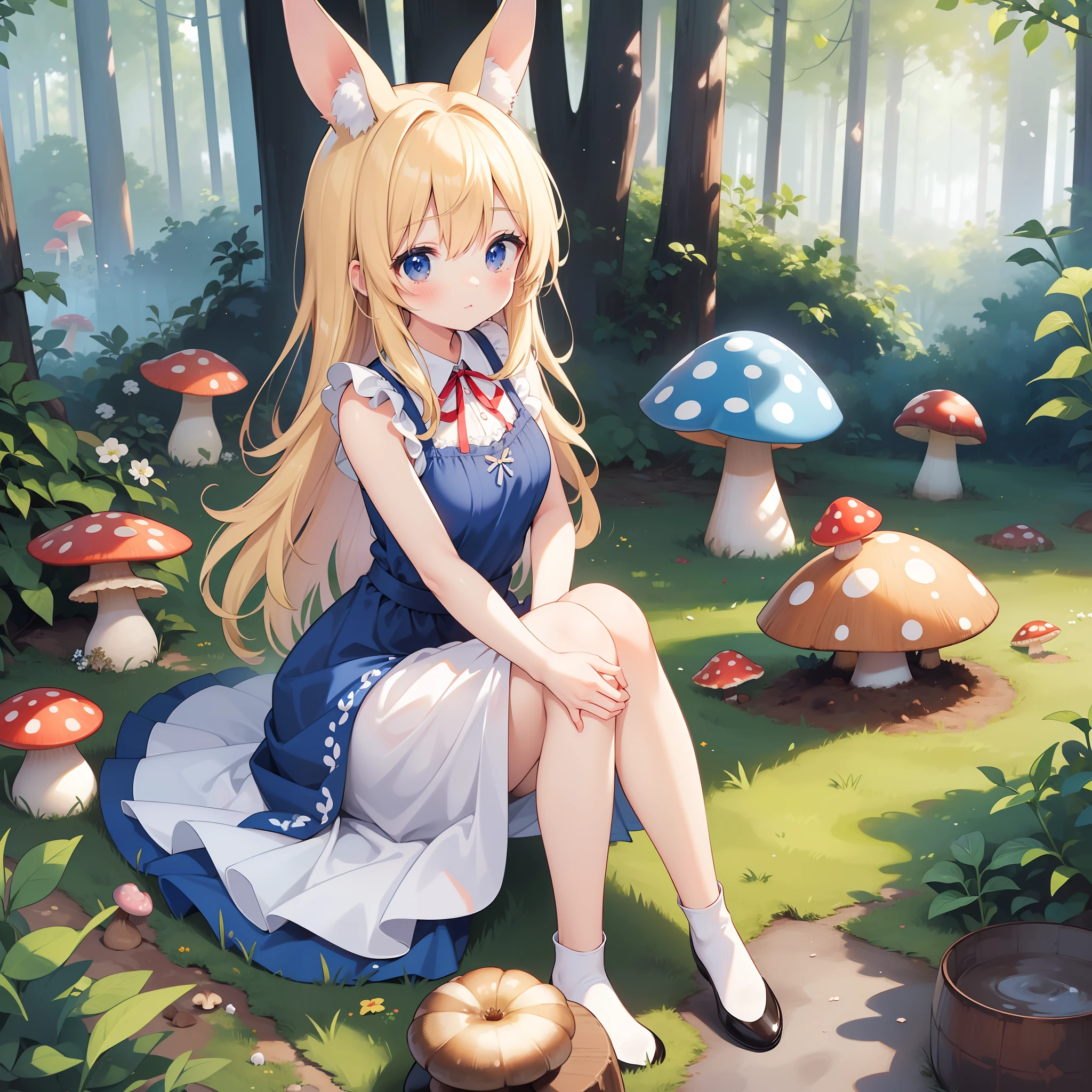 ((Blue Apron Dress)), Red rabbit ear ribbon, Beautiful blonde, (1 Beautiful Girl), Mysterious Forest, Large mushrooms,ighly detailed, very crisp, hight resolution,Lori, Sit up,