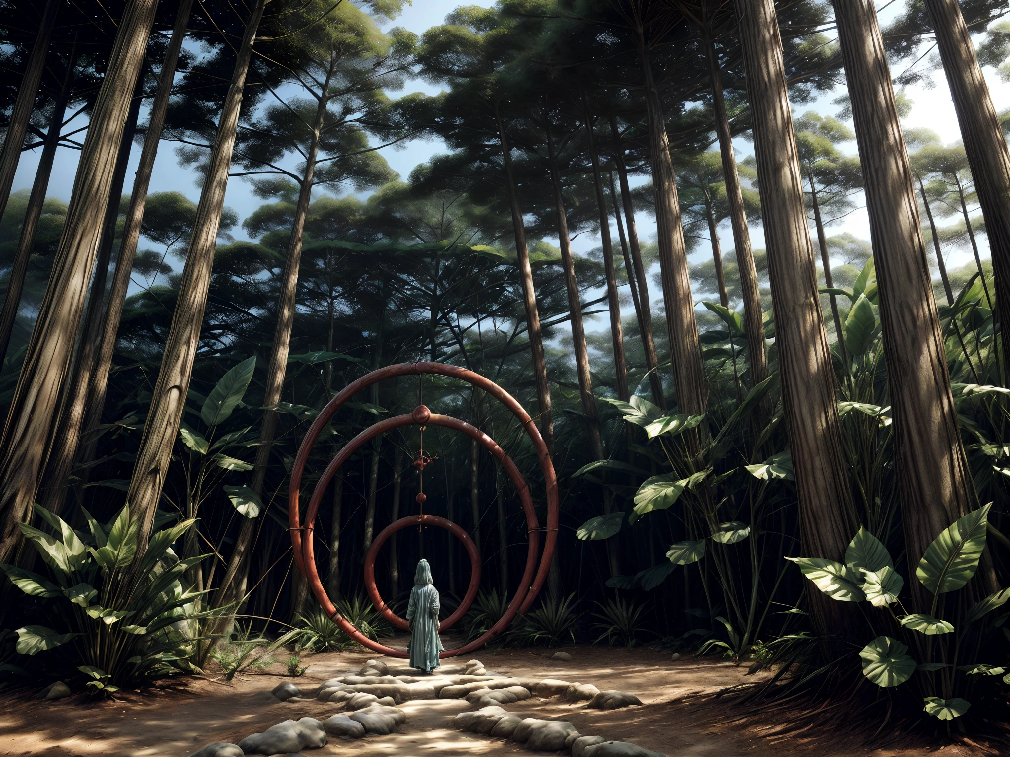 Hyperdetailed regenerative [glitch] still, (koan), matte, understated, (meditative: 1.2), (harmonic) impressionism, cerebral, (interconnected), labyrinth, (introspective), psyche, balanced and reciprocal, concept: "A mysterious jungle with dense foliage, winding paths, and a sense of ancient wisdom. The jungle acts as the lungs of biological life, providing oxygen and absorbing carbon dioxide. Imagine a place where nature reigns supreme, where the sounds of wildlife echo through the trees and the air is thick with the scent of exotic flowers. This jungle is a living organism in itself, pulsing with energy and vitality."