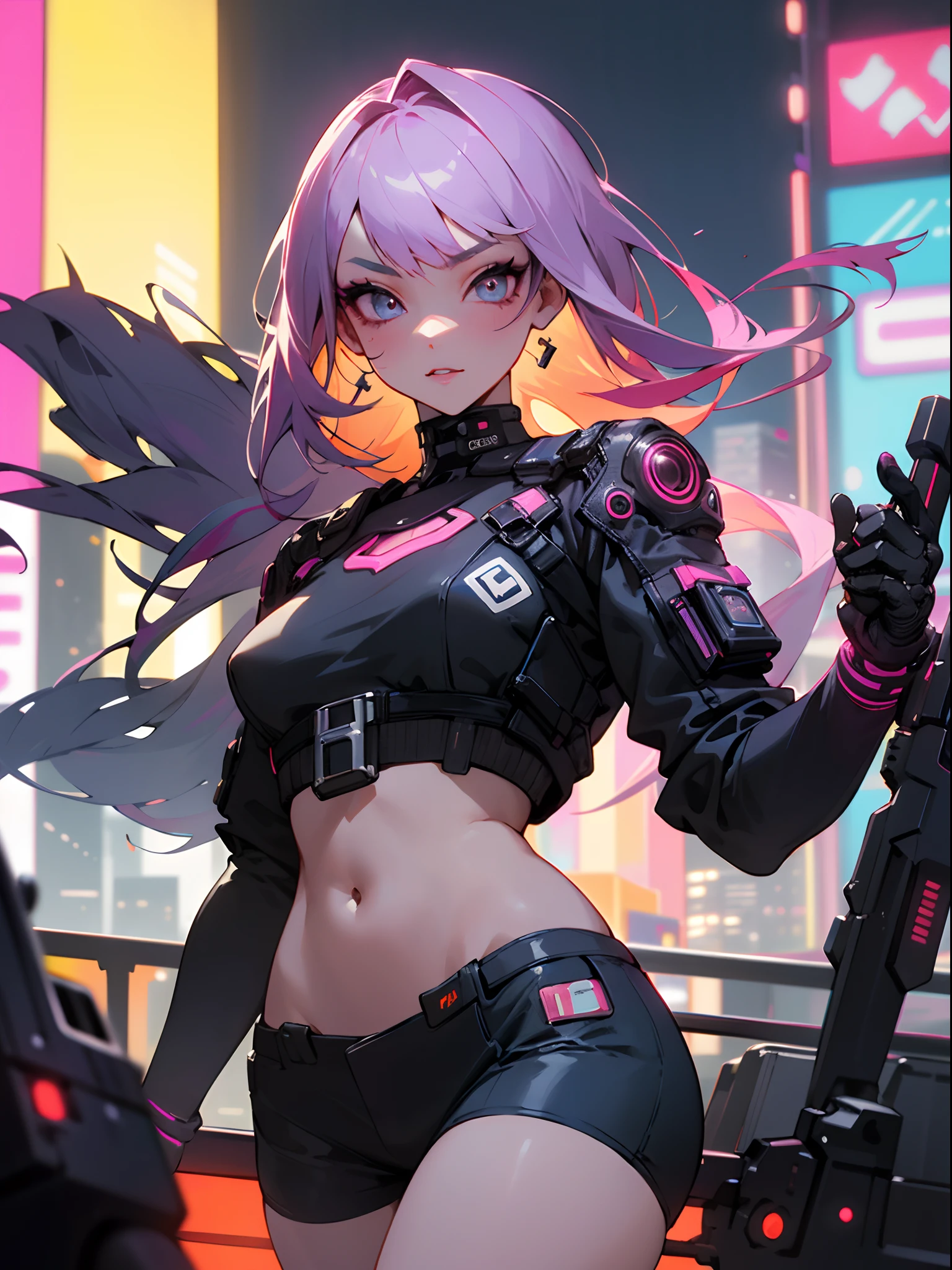 masterpiece, best quality, Confident cyberpunk girl, cowboy shot, Harajuku-inspired pop outfit, bold colors and patterns, eye-catching accessories, trendy and innovative hairstyle, vibrant makeup, Cyberpunk dazzling cityscape, skyscrapers, neon signs, LED lights, bright and vivid color scheme, anime, illustration, detailed skin texture, detailed cloth texture, beautiful detailed face, intricate details, ultra detailed.