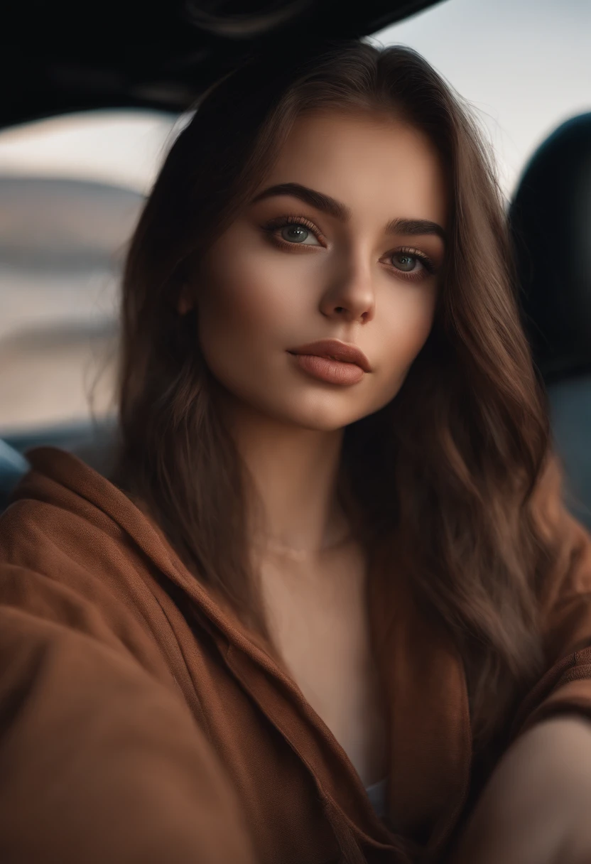 arafed woman fully, sexy girl with brown eyes, ultra realistic, meticulously detailed, portrait sophie mudd, brown hair and large eyes, selfie of a young woman, dubai eyes, violet myers, without makeup, face with artgram, medium to large size bust, no blur, realistic, sitting in car, camera glare, realistic lighting, wear hoodie, age 18, photo of neck up, drinking starbucks with a straw