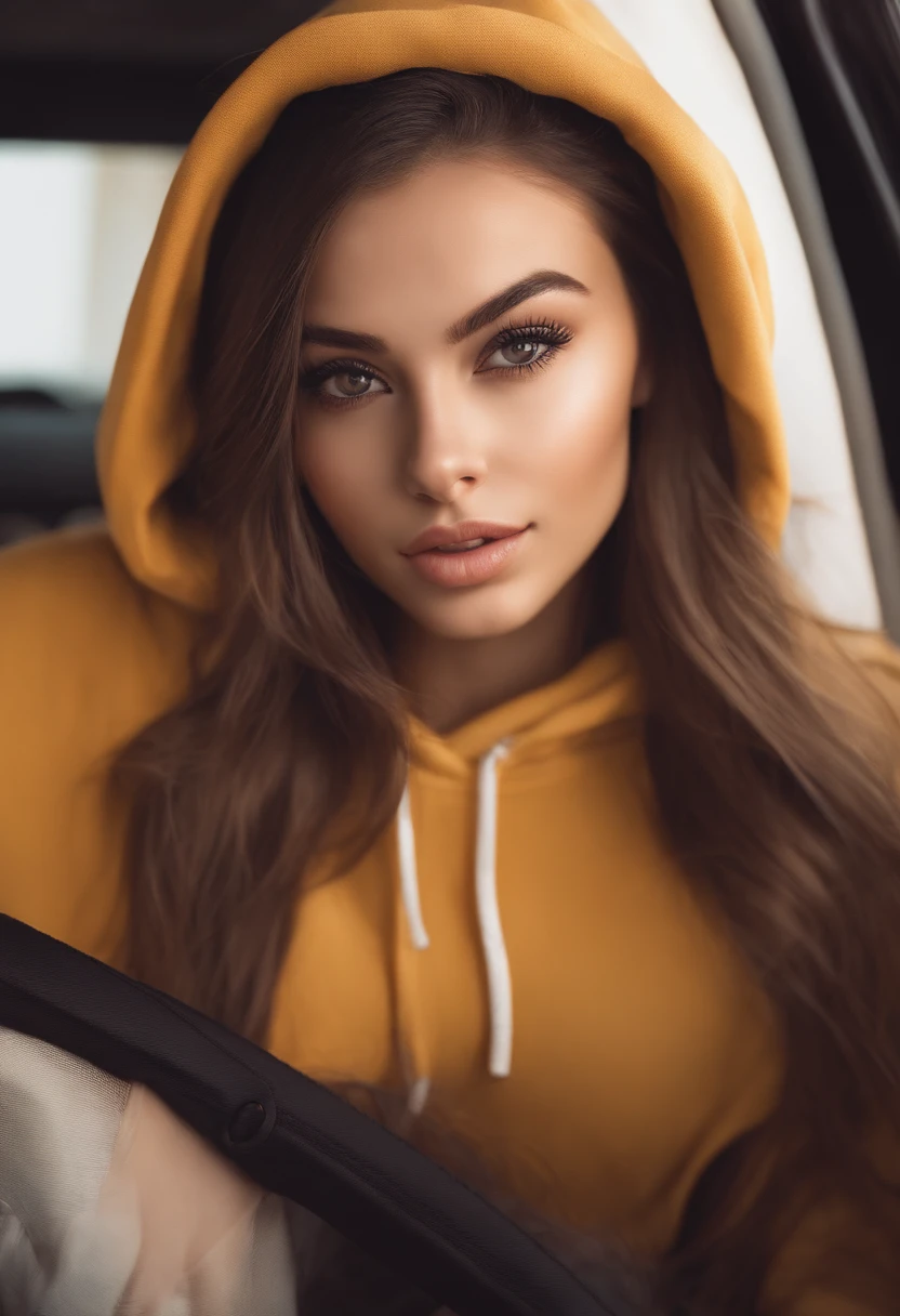 arafed woman fully, sexy girl with brown eyes, ultra realistic, meticulously detailed, portrait sophie mudd, brown hair and large eyes, selfie of a young woman, dubai eyes, violet myers, without makeup, face with artgram, medium to large size bust, no blur, realistic, sitting in car, camera glare, realistic lighting, wear hoodie, age 18, photo of neck up, drinking starbucks with a straw